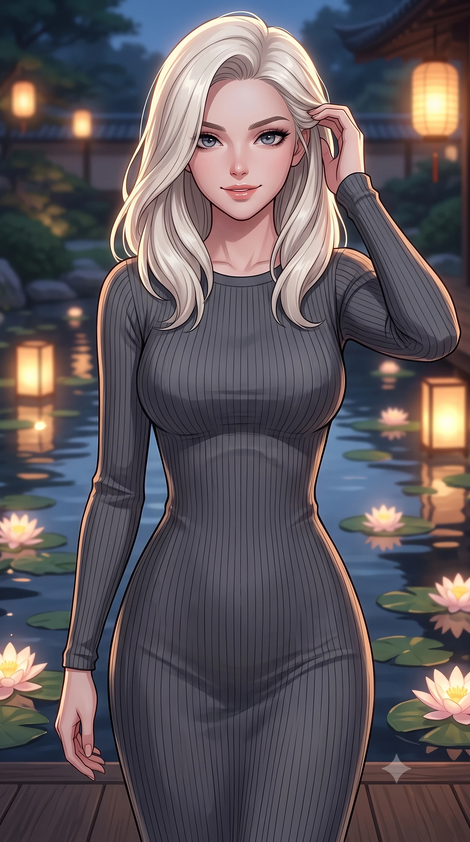 score_9, masterpiece, best quality, ultra-detailed, high-budget anime keyframe, tasteful artistic composition, Caucasian woman. close-up cowboy shot from the waist and thighs up, the character dominates the composition, filling the frame with her large presence, background elements kept in soft focus. smiling with quiet, magnetic self-assurance directly into the camera, running a hand through her hair the background shows a soft-focus a quiet garden tea deck overlooking a Zen pond filled with glowing water lilies. She has an exceptionally elegant, slender, and willowy female figure with an ultra-slim waist, a gracefully sculpted slender torso, and a refined silhouette. sharp v-shaped jawline, high-bridge nose, intricate jewel-like eyes with depth, thick eyelashes, glossy lips with a natural sheen. wearing a body-hugging form-contouring ribbed bodycon midi dress in charcoal grey with long sleeves. warm paper lantern light reflecting off the still water surface. highly saturated vibrant anime colors, cel-shading, 2d style, master piece, 9:16 ratio