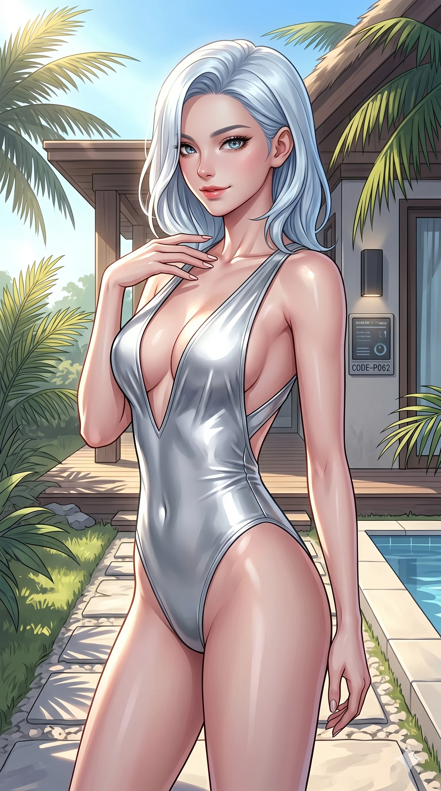 score_9, masterpiece, best quality, ultra-detailed, high-budget anime keyframe, editorial fashion photography, tasteful artistic composition, Korean woman. cowboy shot from the thighs up, character and outfit filling the frame for maximum editorial presence. looking over her shoulder with a magnetic, teasing half-smile, one hand gently tracing her collarbone by a secluded sun-drenched pool cabin in a tropical luxury resort surrounded by palms (Code-P062). She has an absolutely perfect 8-heads proportion, an exceptionally tall and slender female figure with impossibly long slender legs and an ultra-slim waist. V-shaped jawline, high-bridge nose, intricate jewel-like eyes with depth, thick eyelashes, glossy lips with a natural sheen. wearing a sleek liquid-mercury silver bodysuit with a bold plunging neckline and an open-back design. drenched in brilliant morning sunshine that traces her elegant clavicle lines and athletic build contours. 2k, ultra detail, master piece, 9:16 ratio