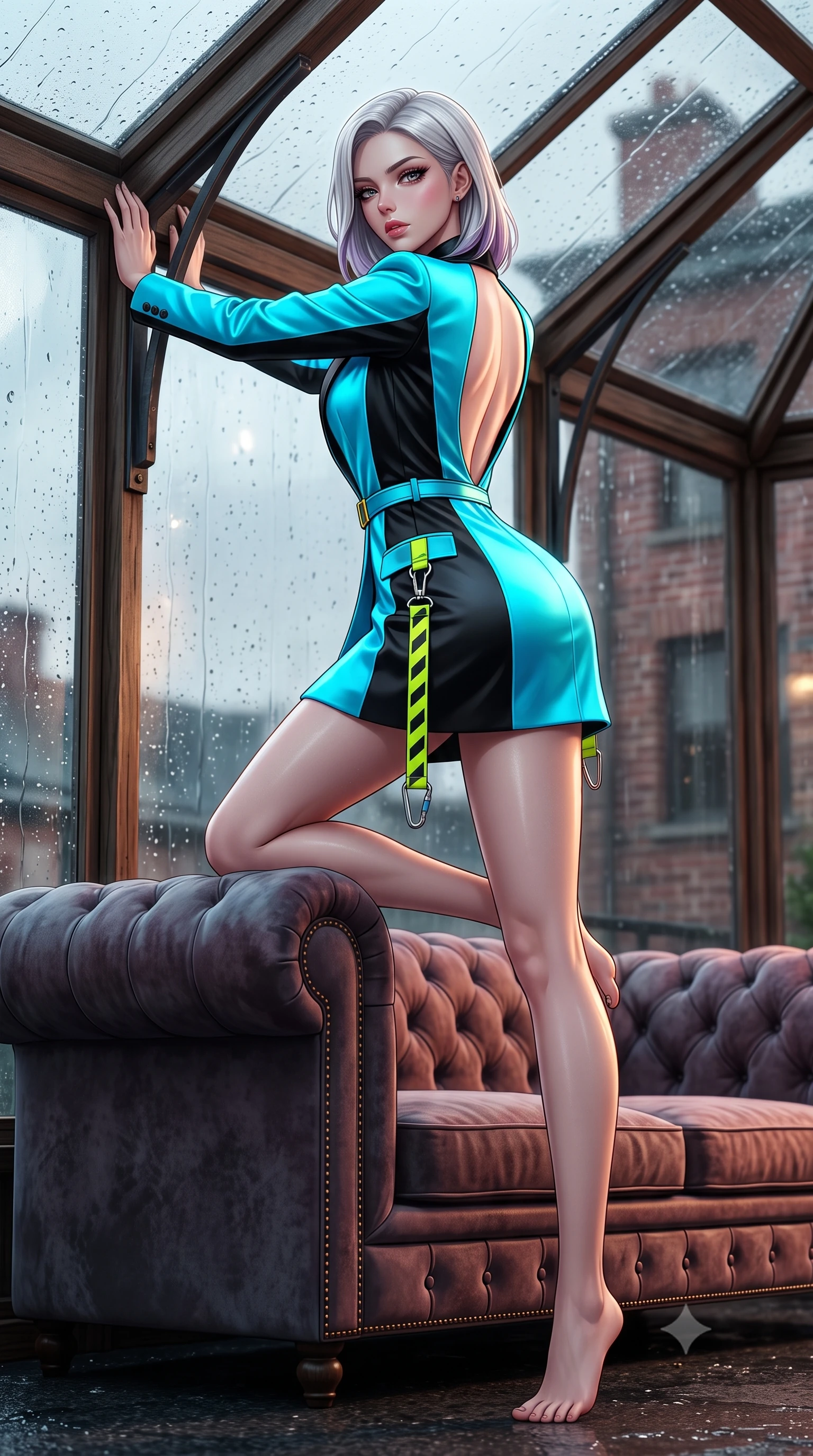 score_9, masterpiece, best quality, ultra-detailed, high-budget anime keyframe, semi-realistic 3D game render, editorial fashion photography, tasteful artistic composition, Caucasian woman. low angle full-body shot from head to toe showing her feet, filling the entire 9:16 vertical frame with her statuesque presence, stretching her vertical silhouette. leaning deep against the structural architecture with hips cocked in an unapologetically bold, seductive high-fashion stance while reclining on a vintage velvet Chesterfield sofa inside a rain-streaked rooftop teahouse, one knee drawn up in a seductive Cleopatra pose. The composition keeps background elements in soft focus with creamy bokeh. rain-streaked glass awnings and weathered brick penthouse facades softened in moody cinematic focus. She has an absolutely perfect, statuesque 8.5-heads proportion, an exceptionally tall and slender model-like female figure with impossibly long slender legs, a toned flat midriff, an ultra-slim waist, and beautifully sculpted feminine hips. sharp v-shaped jawline, high-bridge nose, intricate jewel-like eyes with depth, thick eyelashes, glossy parted lips with a natural sheen, intensely captivating and seductive bedroom-eyes expression, flawlessly proportioned anatomical accuracy, strict slender model proportions, natural body alignment, perfectly sculpted long slender limbs, ultra-slim waistline, clean dynamic posture without body distortion. wearing a tailored satin tuxedo jacket dress with mandarin lapels and a slim gold-buckle belt in neon electric cyan and lacquer black, made of breathable technical athletic mesh and liquid-finish track nylon, finished with high-visibility hazard warning tape details and carabiner clips, the dramatically scooped open back descending to the base of her spine, accentuating her razor-sharp statuesque lines and curvy hourglass silhouette. illuminated by wet specular asphalt bounce lights sharply sculpting her narrow waist and rounded hips. highly saturated vibrant anime colors, detailed shading with soft gradients, rich glossy textures, high-contrast stereoscopic depth, volumetric dynamic lighting, master piece, 9:16 ratio