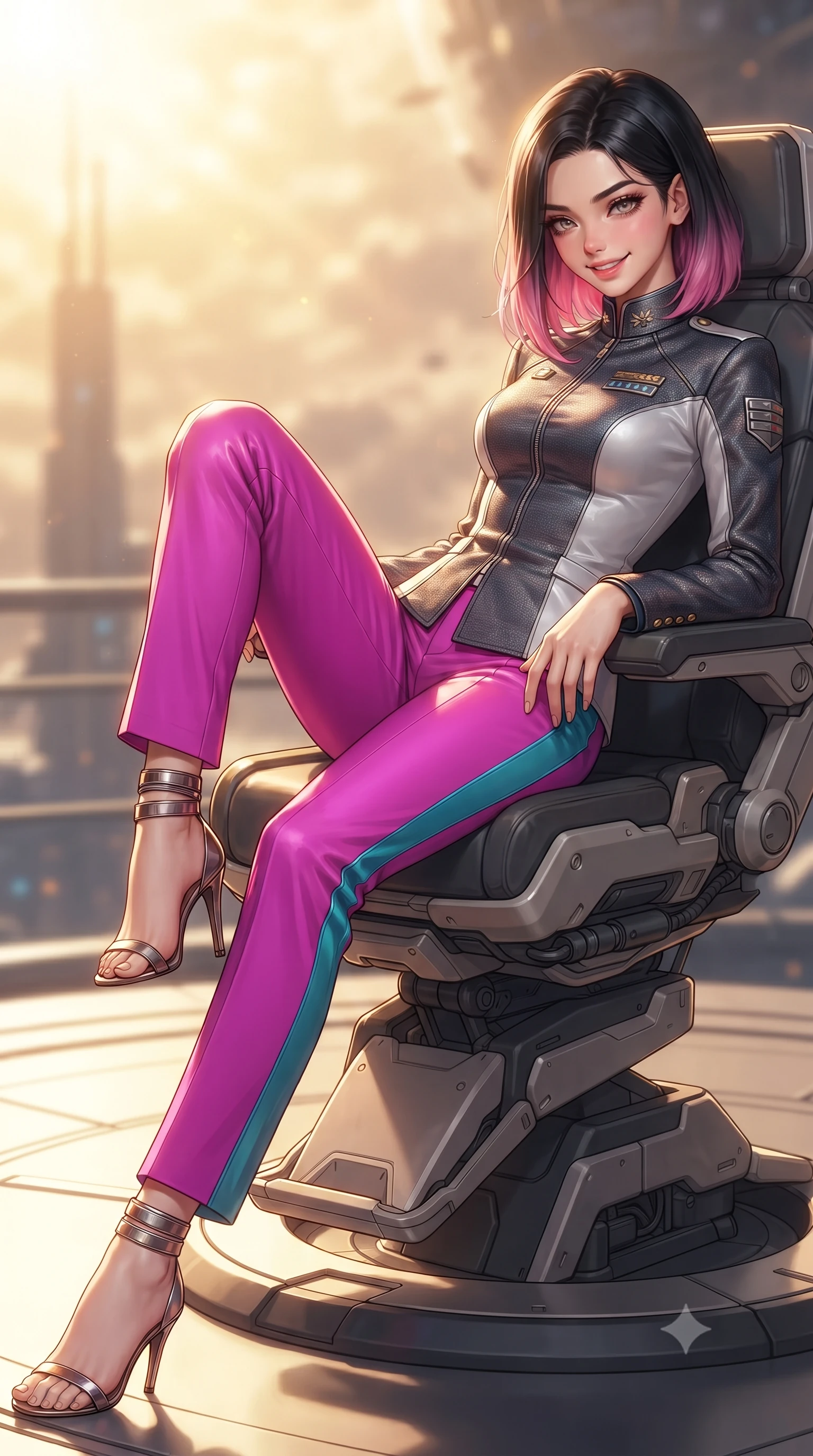score_9, masterpiece, best quality, ultra-detailed, high-budget anime keyframe, editorial fashion photography, tasteful artistic composition, Korean woman. close-up cowboy shot from the waist and thighs up, the character dominates the composition, filling the frame with her large presence. tilting her head with a teasing half-smile, running one hand slowly down the side of her hip in a flirtatious S-curve as ambient light caresses her silhouette while lounging gracefully across the exterior maintenance pod seat propped on one elbow with legs extended, displaying her long slender limbs and statuesque hourglass silhouette. The background shows a soft-focus solar flare ionization haze softened in orbital spire platform shallow focus. She has an exceptionally elegant, slender, and willowy female figure with an ultra-slim waist, flat toned midriff, narrow ribcage, and sculpted feminine hips creating an alluring, slim hourglass silhouette without bulk. sharp v-shaped jawline, high-bridge nose, intricate jewel-like sparkling eyes with depth, thick eyelashes, glossy parted lips with a natural peach sheen, bright cheerful beaming smile with an enchanting and coquettish sensual glint, exuding both youthful cute charm and seductive allure, flawlessly proportioned anatomical accuracy, strict slender model proportions, natural body alignment, perfectly sculpted long slender limbs, ultra-slim waistline, clean dynamic posture without body distortion. wearing a tailored orbital colony command uniform in dark grey and white paneling with rank insignia pins and tailored straight-leg trousers in Kowloon neon magenta and electric teal, tailored from high-density tech-wool with subtle metallic thread weave, complemented by strappy stiletto sandals with metallic ankle wraps accentuating her slender calves, the impeccably tailored cut draping gracefully along her slender figure with aristocratic poise. bathed in the blinding warm golden 3500K solar radiance filtered through polarizing helmet smart-glass. ultra-reflective glossy finish, specular highlights, rich textural contrasts, high-contrast stereoscopic depth, volumetric dynamic lighting, 2k, ultra detail, master piece, 9:16 ratio