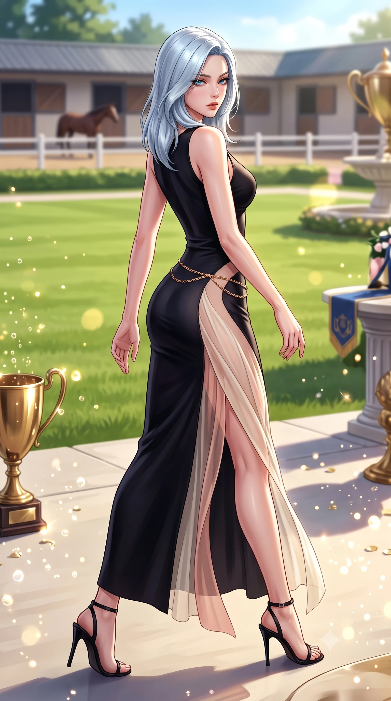 score_9, masterpiece, best quality, ultra-detailed, high-budget anime keyframe, semi-realistic 3D game render, editorial fashion photography, tasteful artistic composition, Korean woman. low angle full-body shot from head to toe showing her feet, filling the entire 9:16 vertical frame with her statuesque presence, stretching her vertical silhouette. posing with back turned slightly to the lens, glancing back with smoldering allure as she arches her lower back to emphasize her sculpted feminine hips and slender waist while striding across the sun-drenched private lawn with sovereign supermodel momentum, long slender legs and narrow waist commanding the scene. The composition keeps background elements in soft focus with creamy bokeh. champagne bubbles and brass trophy reflections scattering warm sparkling light motes across the terrace. She has an exceptionally tall and slender model-like 8.5-heads proportion, an ultra-slim waist, a flat toned midriff, narrow delicate ribcage, and beautifully sculpted feminine hips creating a graceful, slim hourglass silhouette without any bulky heaviness, with impossibly long slender legs. sharp v-shaped jawline, high-bridge nose, intricate jewel-like eyes with depth, thick eyelashes, glossy parted lips with a natural sheen, intensely captivating and seductive bedroom-eyes expression, flawlessly proportioned anatomical accuracy, strict slender model proportions, natural body alignment, perfectly sculpted long slender limbs, ultra-slim waistline, clean dynamic posture without body distortion. wearing a second-skin black silk jersey maxi dress with asymmetrical sheer mesh side panels tracing the full curve of her hip in vintage champagne ivory and delicate rose gold, woven from layered gossamer chiffon with a weightless sweeping drape, accented with a delicate gold chain belt resting loosely on her curvy hips, the second-skin form-contouring cut accentuating her sculpted flat midriff, narrow delicate ribcage, and gracefully curvy hips with supermodel precision. surrounded by an untouchable, elite, and irresistibly prestigious equestrian heiress aura. highly saturated vibrant anime colors, detailed shading with soft gradients, rich glossy textures, high-contrast stereoscopic depth, volumetric dynamic lighting, master piece, 9:16 ratio
