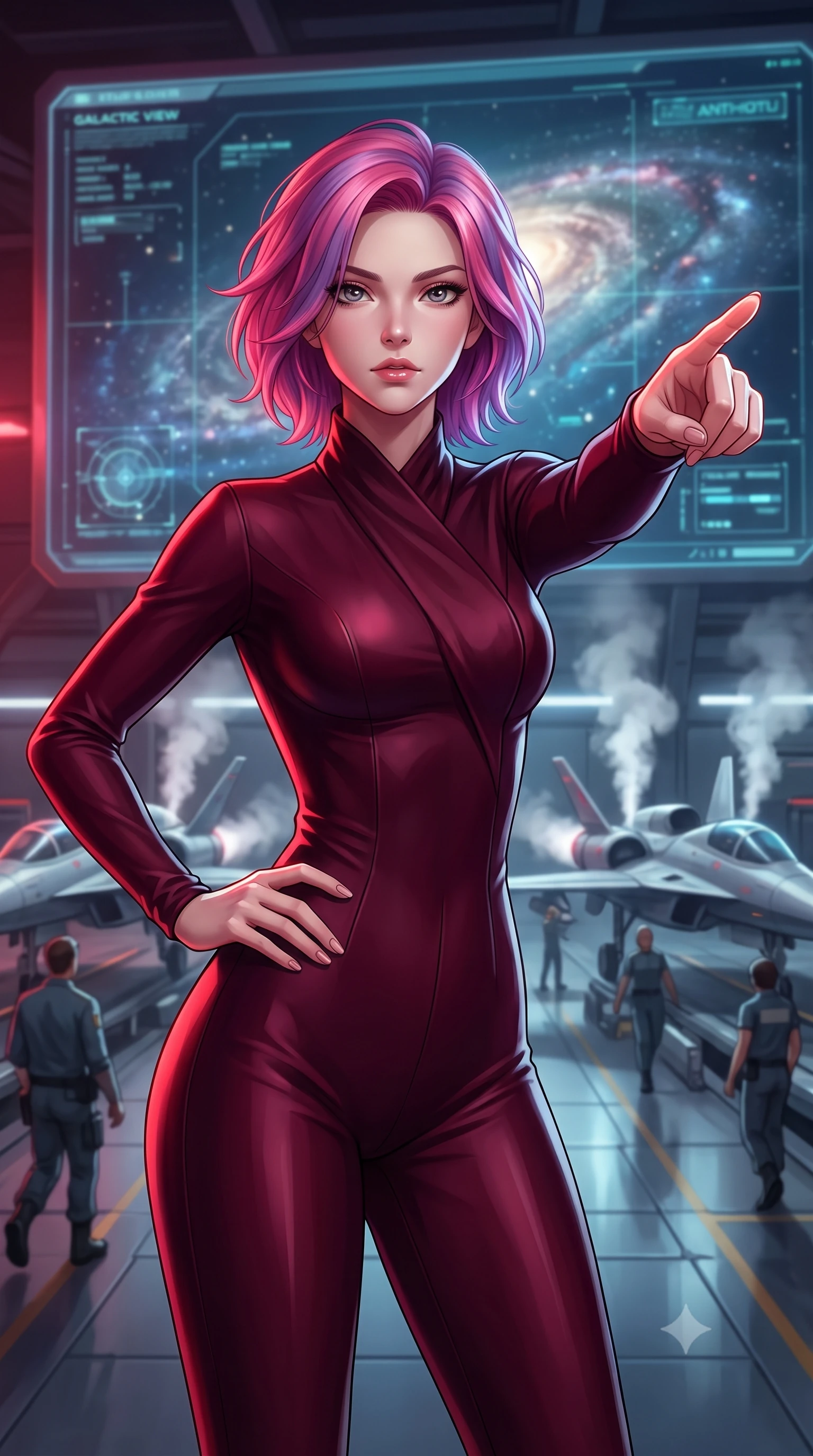 score_9, masterpiece, best quality, ultra-detailed, high-budget anime keyframe, editorial fashion photography, tasteful artistic composition, Caucasian woman, strictly human ears. close-up cowboy shot from the waist and thighs up, the character dominates the composition, filling the frame with her large presence, background elements kept in soft focus. Commanding the starship crew with a decisive gesture, pointing toward the galactic viewscreen. set against a soft-focus background of a busy hangar bay, sleek fighter ships on launch rails with steam venting from engines, crew members in soft focus. She has an exceptionally elegant and slender, willowy female figure with an ultra-slim waist, a gracefully sculpted slender torso, and a refined slim physique. sharp v-shaped jawline, high-bridge nose, intricate jewel-like eyes with depth, thick eyelashes, glossy lips with a natural sheen. wearing tailored for maximum mobility, sleek form-contouring panels that allow fluid movement, a form-contouring precision-tailored jumpsuit in deep burgundy with a high wrap-front neck, highlighting her slim waist and long legs. highly saturated vibrant anime colors, intense vivid color palette, soft 3D volumetric shading, volumetric dynamic lighting, deep crimson theatrical lighting with sharp specular highlights on every curve. 2k, ultra detail, master piece, 9:16 ratio