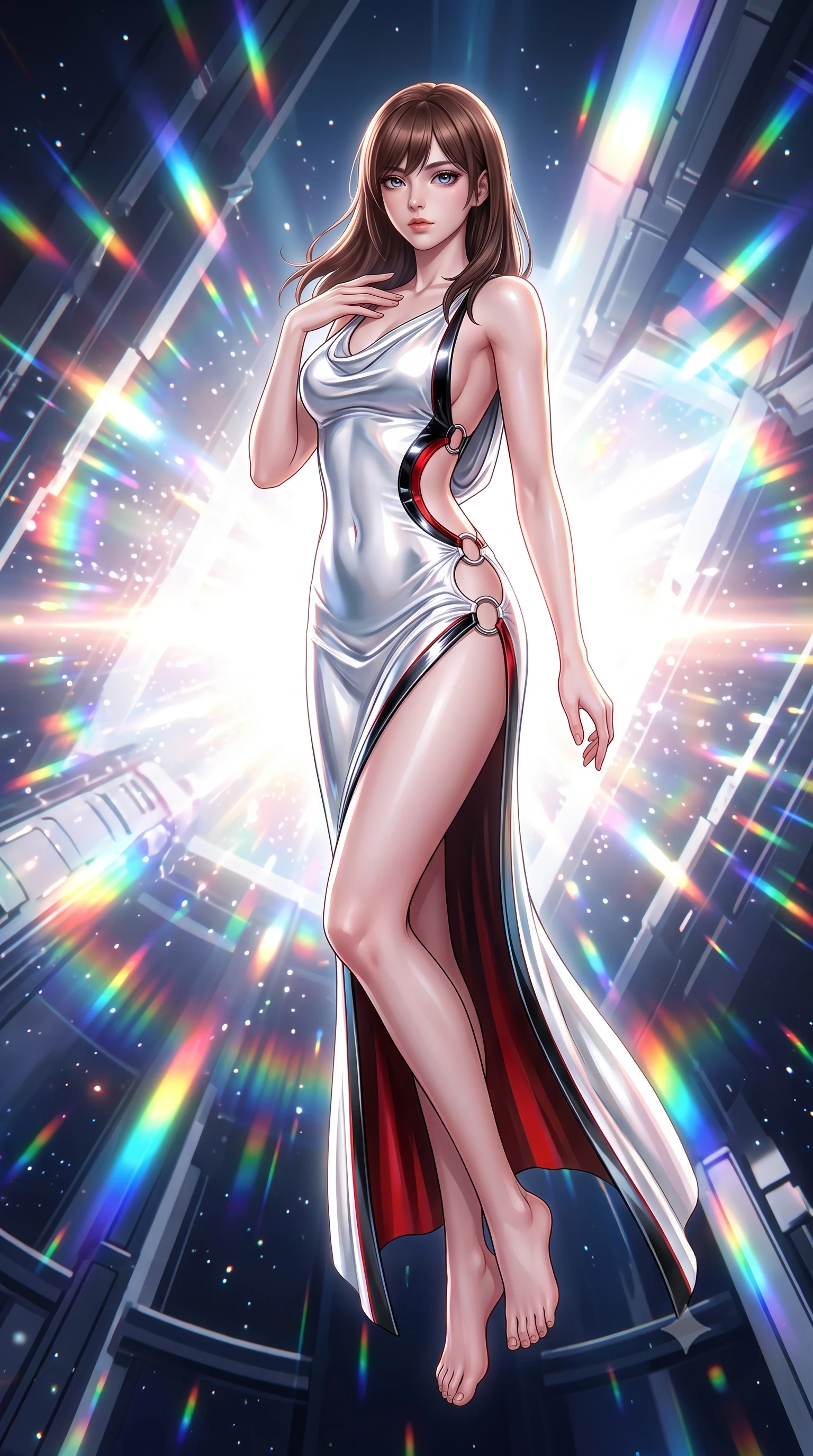score_9, masterpiece, best quality, ultra-detailed, high-budget anime keyframe, semi-realistic 3D game render, editorial fashion photography, tasteful artistic composition, Korean woman. low angle full-body shot from head to toe showing her feet, filling the entire 9:16 vertical frame with her statuesque presence, stretching her vertical silhouette. arching her spine in a fluid zero-gravity turn with sovereign grace, her long slender legs and sculpted torso creating a sweeping line while resting one hand near her clavicle while floating gracefully with an omnipotent, celestial gaze looking into the lens. The surrounding environment is rendered in vivid detail and crisp panoramic clarity. transcendent chiaroscuro contrast between blinding particle light and deep space architecture in precision. She has an absolutely perfect, statuesque 8.5-heads proportion, an exceptionally tall and slender model-like female figure with impossibly long slender legs, a toned flat midriff, and an ultra-slim waist. sharp v-shaped jawline, high-bridge nose, intricate jewel-like eyes with depth, thick eyelashes, glossy lips with a natural sheen, flawlessly proportioned anatomical accuracy, strict slender model proportions, natural body alignment, perfectly sculpted long slender limbs, ultra-slim waistline, clean dynamic posture without body distortion. wearing a precision-fitted liquid jersey bodycon gown in radiant chrome and white, featuring an open cowl back and high side slit in high-gloss obsidian black and burning laser crimson accents, crafted from ultra-reflective second-skin liquid metal with a mirror-like polish, detailed with polished silver rings connecting the daring side-waist cutouts, the glove-like aerodynamic second-skin fit tightly clinging to her ultra-slender waist and athletic curves without adding bulk, accentuating her razor-sharp statuesque lines and slim hourglass silhouette. bathed in brilliant white-hot warp core radiance and saturated rainbow particle prism refractions. rich saturated anime colors with glowing neon highlights, detailed shading with soft gradients, rich glossy textures, high-contrast stereoscopic depth, volumetric dynamic lighting, master piece, 9:16 ratio