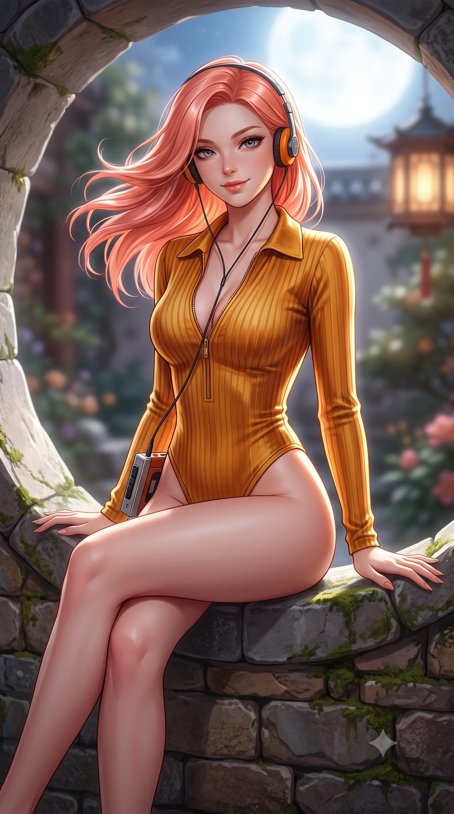 score_9, masterpiece, best quality, ultra-detailed, high-budget anime keyframe, semi-realistic 3D game render, editorial fashion photography, tasteful artistic composition, Japanese woman. close-up cowboy shot from the waist and thighs up, the character dominates the composition, filling the frame with her large presence. turning slowly with an enchanting smoldering smile, her glossy hair tossing in the breeze as her hips angle gracefully in a captivating contrapposto while perched sideways on the moon gate threshold with legs crossed, one hand resting on the stone with effortless high-society poise. The background shows a soft-focus rustic stone masonry softened in intimate royal garden shallow focus. She has an exceptionally elegant, slender, and willowy female figure with an ultra-slim waist, flat toned midriff, narrow ribcage, and sculpted feminine hips creating an alluring, slim hourglass silhouette without bulk. sharp v-shaped jawline, high-bridge nose, sparkling eyes with hypnotic seductive depth, thick curled eyelashes, glossy parted lips with a natural dewy peach sheen, alluring bedroom-eyes with an enchanting coquettish smile, exuding magnetic siren charisma and sophisticated glamour, flawlessly proportioned anatomical accuracy, strict slender model proportions, natural body alignment, perfectly sculpted long slender limbs, ultra-slim waistline, clean dynamic posture without body distortion. wearing a retro-chic ribbed knit polo bodysuit with a plunging front zipper and high-cut leg openings in warm amber honey and antique gold leaf, tailored from ultra-plush velvet with rich tactile depth and deep shadow gradients, complemented by a retro cassette walkman with vintage foam-padded orange headphones, the second-skin tailored fabric adhering flawlessly to her sculpted flat midriff and slender torso, emphasizing her long leg lines and perfectly proportioned willowy build. bathed in pure lunar illumination streaming directly through the circular moon gate opening. highly saturated vibrant anime colors, detailed shading with soft gradients, rich glossy textures, high-contrast stereoscopic depth, volumetric dynamic lighting, master piece, 9:16 ratio