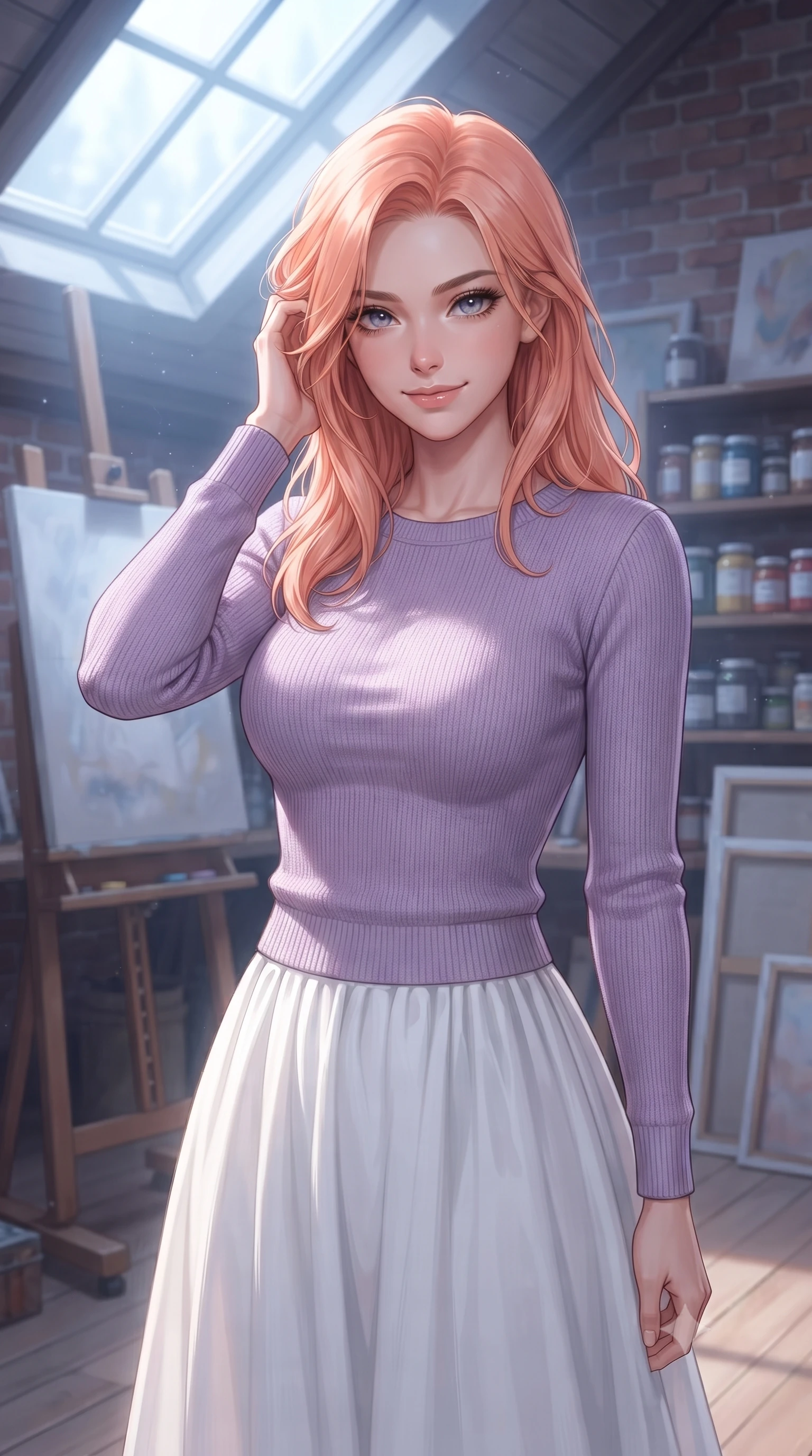 score_9, masterpiece, best quality, ultra-detailed, high-budget anime keyframe, editorial fashion photography, tasteful artistic composition, Japanese woman. close-up cowboy shot from the waist and thighs up, the character dominates the composition, filling the frame with her large presence, background elements kept in soft focus. smiling with quiet, magnetic self-assurance directly into the camera, running a hand through her hair the background shows a soft-focus an artist's attic studio filled with canvases, paint jars, and a wooden easel near a skylight. She has an exceptionally elegant, slender, and willowy female figure with an ultra-slim waist, a gracefully sculpted slender torso, and a refined silhouette. sharp v-shaped jawline, high-bridge nose, intricate jewel-like eyes with depth, thick eyelashes, glossy lips with a natural sheen. wearing a slim-fit comfortable lavender knit sweater paired with a flowy white cotton maxi skirt. cool silver moonlight filtering through the skylight, painting the canvas in a soft wash. ultra-reflective glossy finish, specular highlights, metallic sheen, high-contrast stereoscopic depth, volumetric dynamic lighting, 2k, ultra detail, master piece, 9:16 ratio