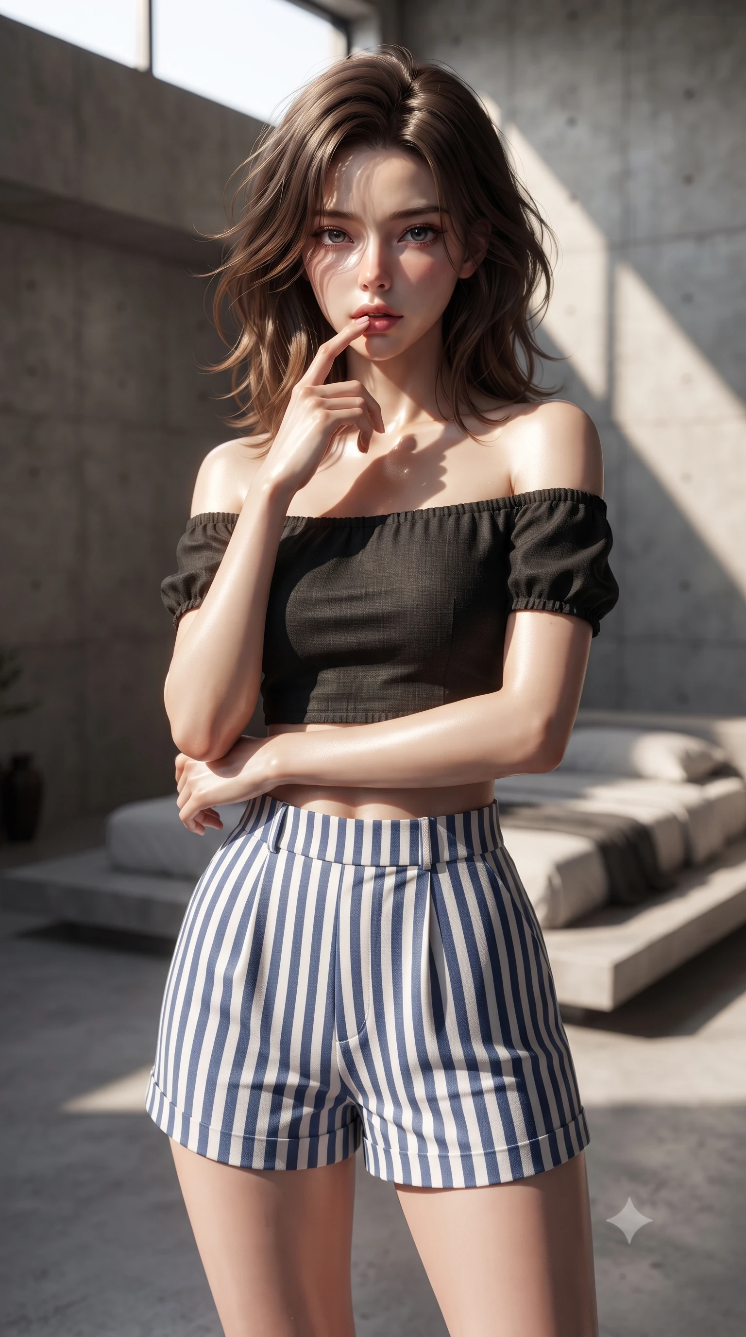 score_9, masterpiece, best quality, ultra-detailed, high-budget anime keyframe, editorial fashion photography, tasteful artistic composition, Korean woman woman. close-up cowboy shot from the waist and thighs up, the character dominates the composition, filling the frame with her large presence, background elements kept in soft focus. pressing one finger to her bottom lip in a thoughtful, seductive gesture under the warm sun the background shows a soft-focus a spacious minimalist bedroom with raw concrete walls and a low platform bed. She has an exceptionally elegant, slender, and willowy female figure with an ultra-slim waist, a gracefully sculpted slender torso, and a refined silhouette. sharp v-shaped jawline, high-bridge nose, intricate jewel-like eyes with depth, thick eyelashes, glossy lips with a natural sheen. wearing a form-contouring chic off-shoulder crop top in black linen, paired with high-waisted striped resort shorts. stark afternoon sunbeams slicing through a high window, creating Chiaroscuro shadows. ultra-reflective glossy finish, specular highlights, metallic sheen, high-contrast stereoscopic depth, volumetric dynamic lighting, 2k, ultra detail, master piece, 9:16 ratio
