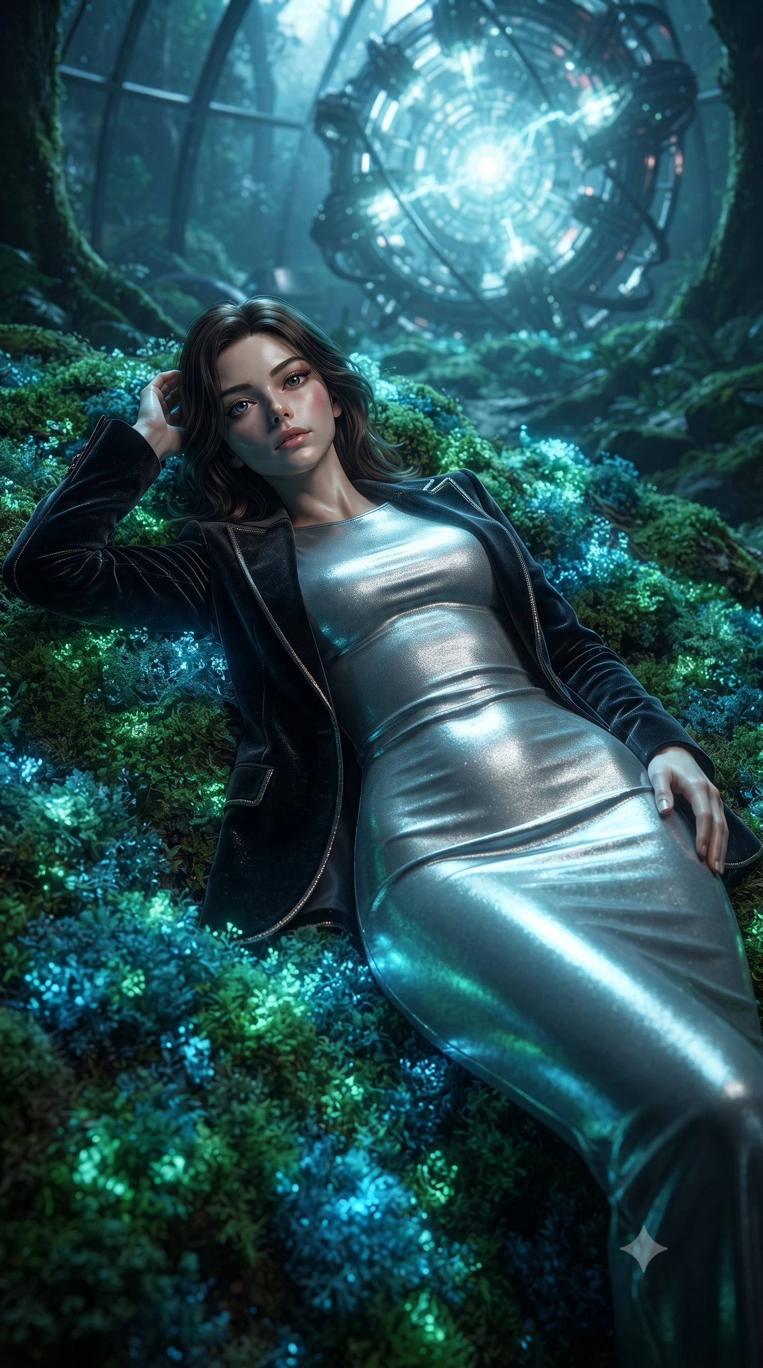 score_9, masterpiece, best quality, ultra-detailed, High-budget Anime Keyframe, editorial fashion photography, tasteful artistic composition, realistic cosplay photography, East Asian woman. Low angle cowboy shot filling the entire 9:16 frame with her statuesque presence. Scenario 464: lying gracefully on a bed of bioluminescent moss inside a secret bio-dome containing a giant glowing fusion reactor. Her presence is magnetic and overpowering in this high-budget cinematic scene. Outfit 464: a slim-fit liquid silver bodycon knit gown layered under a structured velvet blazer. The clothing is designed to emphasize her exceptionally tall and slender 8-heads proportion. 8-heads proportion, towering silhouette, ultra-slim waist. sharp v-shaped jawline, intricate jewel-like eyes with depth, thick eyelashes, glossy lips. ultra-reflective glossy finish, specular highlights, metallic sheen, high-contrast stereoscopic depth, volumetric dynamic lighting, 2k, ultra detail, master piece, 9:16 ratio