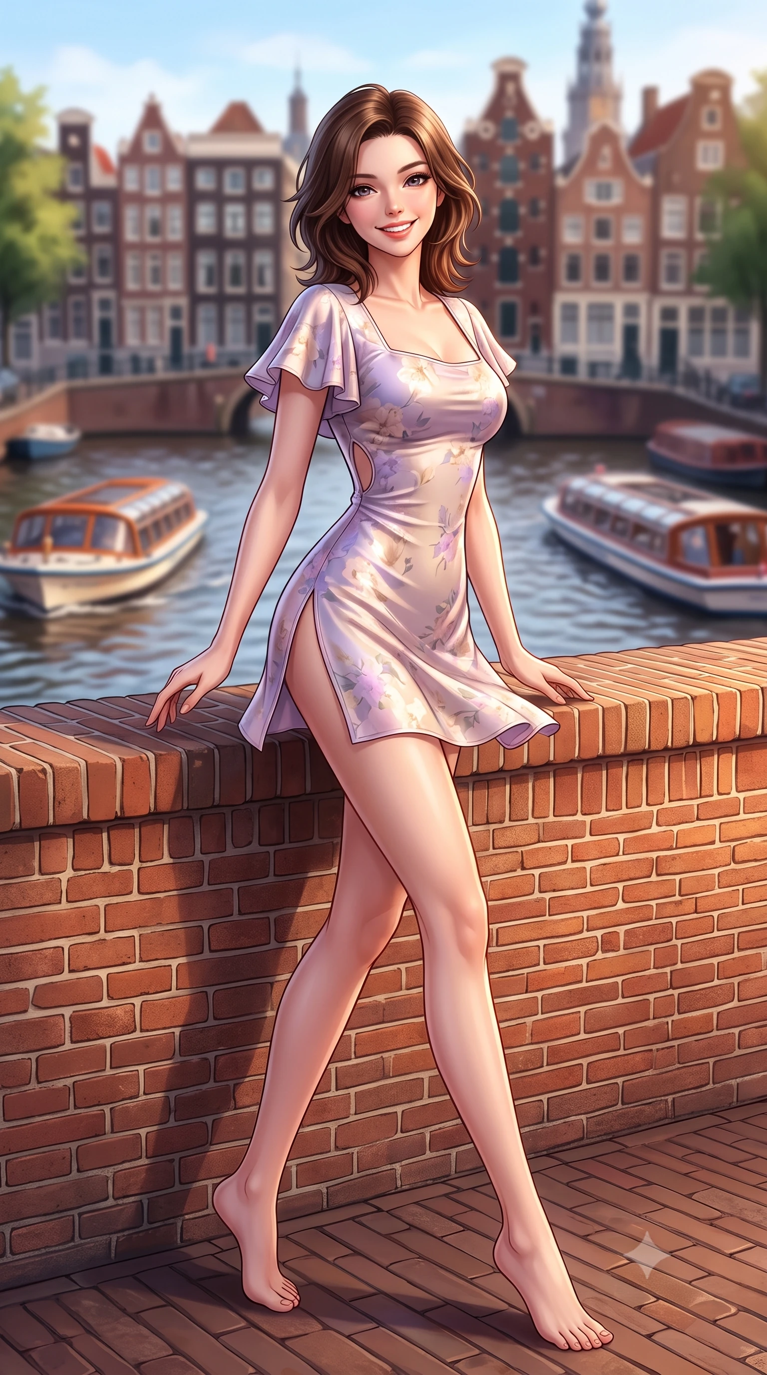score_9, masterpiece, best quality, ultra-detailed, high-budget anime keyframe, semi-realistic 3D game render, editorial fashion photography, tasteful artistic composition, Korean woman. low angle full-body shot from head to toe showing her feet, filling the entire 9:16 vertical frame with her statuesque presence, stretching her vertical silhouette. stepping forward gracefully in mid-motion with a radiant beaming smile, hips swaying in an alluring kinetic rhythm that accentuates her curvy hourglass silhouette and long slender legs while sitting on the warm brick bridge ledge with legs crossed, looking over her shoulder with an alluring, playful girlhood charm. The composition keeps background elements in soft focus with dreamy creamy bokeh. rippling canal waters and passing tour boats softened in charming Dutch shallow focus. She has an exceptionally tall and slender model-like 8.5-heads proportion, an ultra-slim waist, a flat toned midriff, narrow delicate ribcage, and beautifully sculpted feminine hips creating a graceful, slim hourglass silhouette without any bulky heaviness, with impossibly long slender legs. sharp v-shaped jawline, high-bridge nose, intricate jewel-like sparkling eyes with depth, thick eyelashes, glossy parted lips with a natural peach sheen, bright cheerful beaming smile with an enchanting and coquettish sensual glint, exuding both youthful cute charm and seductive allure, flawlessly proportioned anatomical accuracy, strict slender model proportions, natural body alignment, perfectly sculpted long slender limbs, ultra-slim waistline, clean dynamic posture without body distortion. wearing a modern cute qipao mini dress with double side slits ascending to the hip in pastel floral silk in soft lilac and champagne shimmer, tailored from fine lightweight chiffon that flutters gently in the breeze, featuring elegant flutter sleeves and a graceful square neckline, the precision-cut side openings and low-back scoop framing her graceful spine and the sensual sweep of her slim, toned hips. illuminated by warm brick wall bounce light contouring her razor-sharp jawline, narrow waist, and curvy hips. highly saturated vibrant anime colors, detailed shading with soft gradients, rich glossy textures, high-contrast stereoscopic depth, volumetric dynamic lighting, master piece, 9:16 ratio
