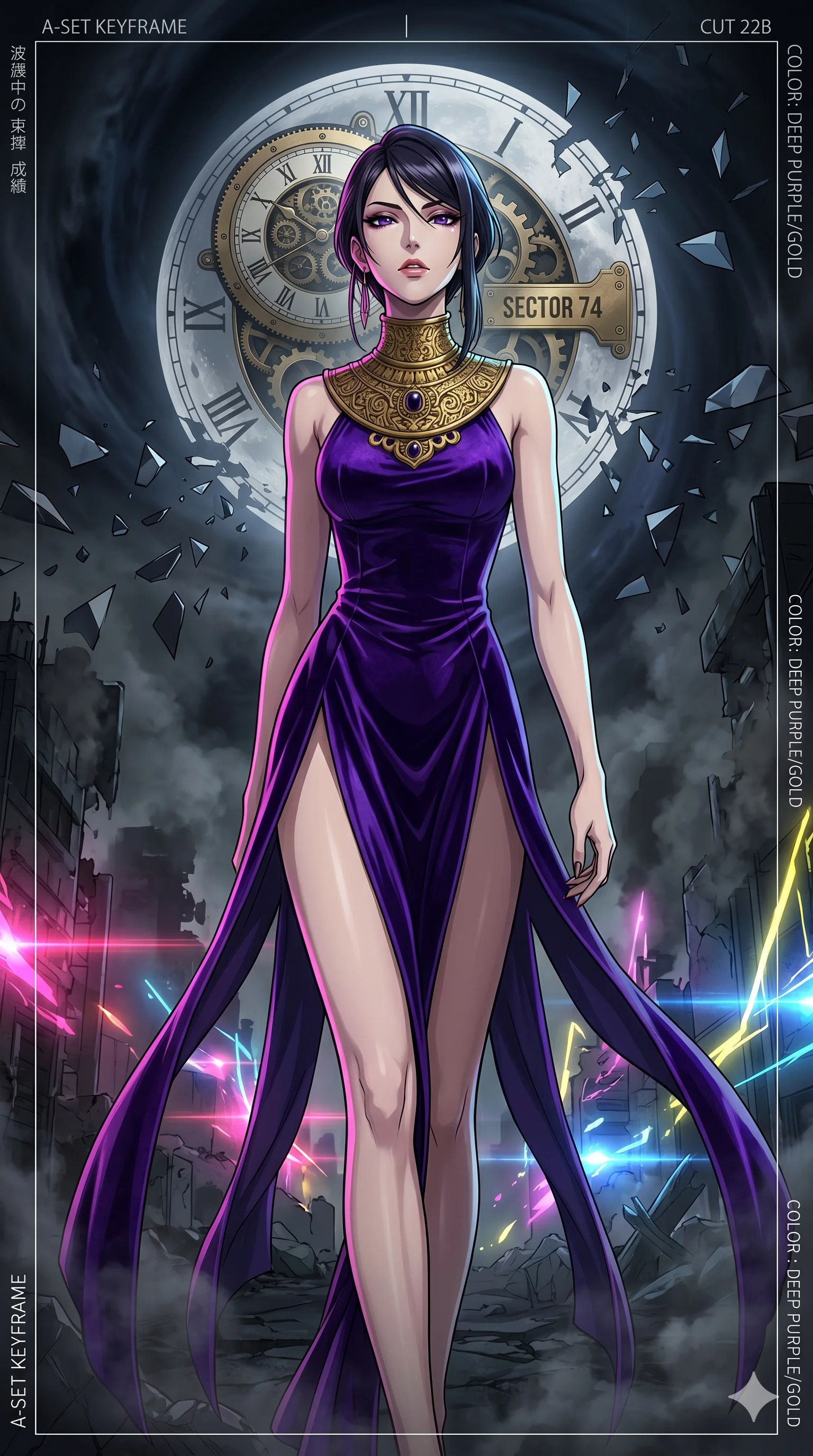 score_9, masterpiece, best quality, ultra-detailed, Set A: High-budget Anime Keyframe, Japanese woman. Low angle cowboy shot filling the entire 9:16 frame with her statuesque presence. Theme: Urban Decay. shattering the fabric of reality in the edge of a black hole, with a massive clockwork moon ticking behind her as sector 74. The atmosphere is filled with heavy smog with neon flares. She has an absolutely perfect 8-heads proportion, an exceptionally tall and slender female figure with impossibly long slender legs and an ultra-slim waist. Sharp v-shaped jawline, high-bridge nose, intricate jewel-like eyes with depth, glossy lips. Wearing Royal purple velvet gown with a massive gold-engraved neck-piece and open sides. Cinematic lighting, vivid colors, dramatic shadows, 2k, ultra detail, master piece, 9:16 ratio