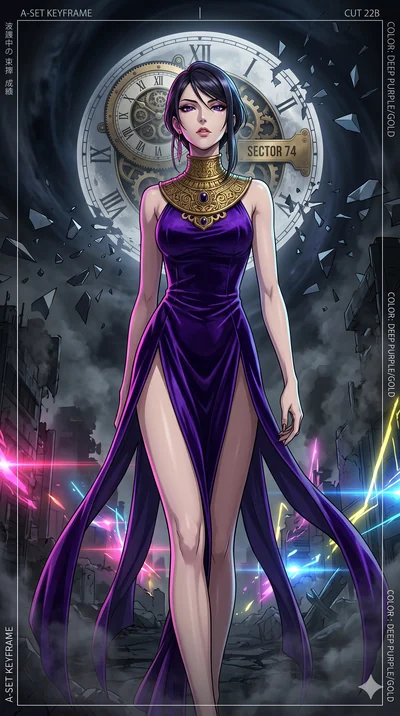 score_9, masterpiece, best quality, ultra-detailed, Set A: High-budget Anime Keyframe, Japanese woman. Low angle cowboy shot filling the entire 9:16 frame with her statuesque presence. Theme: Urban Decay. shattering the fabric of reality in the edge 