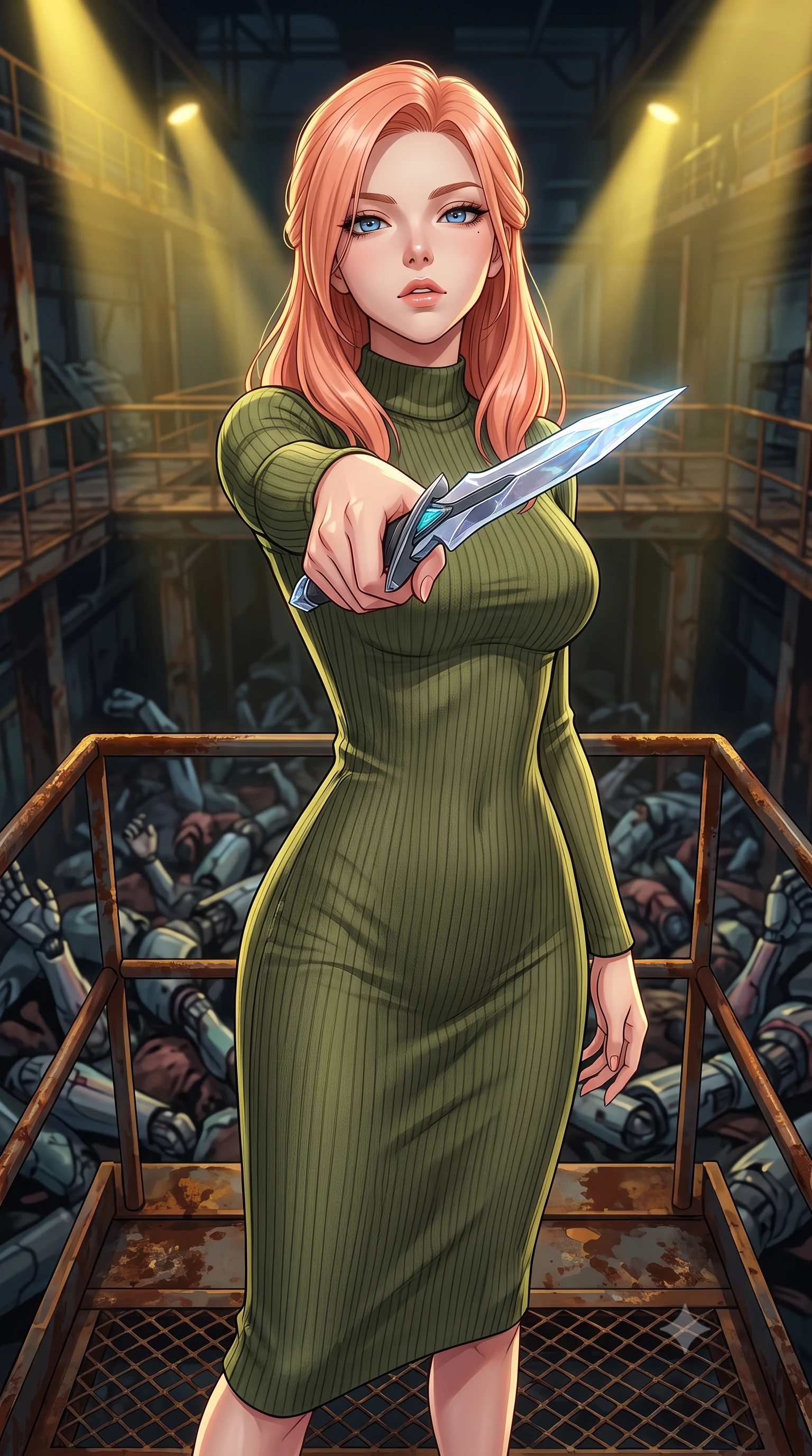 score_9, masterpiece, best quality, ultra-detailed, high-budget anime keyframe, editorial fashion photography, tasteful artistic composition, Japanese woman. close-up cowboy shot from the waist and thighs up, the character dominates the composition, filling the frame with her large presence, background elements kept in soft focus. pointing a crystal-edged laser dagger forward in a defensive stance, tilting her chin up slightly with lips parted in a composed pose, the background shows a soft-focus a ruined factory catwalk overlooking a pit of discarded cybernetic limbs. She has an exceptionally elegant, slender, and willowy female figure with an ultra-slim waist, a gracefully sculpted slender torso, and a refined silhouette. sharp v-shaped jawline, high-bridge nose, intricate jewel-like eyes with depth, thick eyelashes, glossy lips with a natural sheen. wearing a slim-fit body-hugging ribbed carbon-fiber knit bodycon midi dress in olive green, featuring a snug mock-neck. harsh sodium yellow spotlights casting dramatic industrial shadows down below. highly saturated vibrant anime colors, detailed shading with soft gradients, rich glossy textures, high-contrast stereoscopic depth, volumetric dynamic lighting, master piece, 9:16 ratio