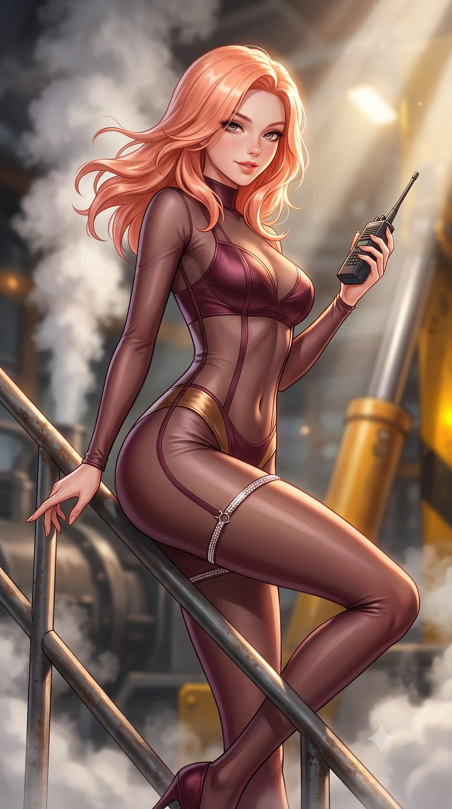 score_9, masterpiece, best quality, ultra-detailed, high-budget anime keyframe, semi-realistic 3D game render, editorial fashion photography, tasteful artistic composition, Japanese woman. close-up cowboy shot from the waist and thighs up, the character dominates the composition, filling the frame with her large presence. turning slowly with an enchanting smoldering smile, her glossy hair tossing in the breeze as her hips angle gracefully in a captivating contrapposto while perched sideways on the steel stairway railing with one leg extended, holding a tactical radio with dangerous coquettish cool. The background shows a soft-focus billowing steam clouds, massive hydraulic pistons, and glowing hazard yellow paint blurred into charcoal, sulphur, and amber bokeh. She has an exceptionally elegant, slender, and willowy female figure with an ultra-slim waist, flat toned midriff, narrow ribcage, and sculpted feminine hips creating an alluring, slim hourglass silhouette without bulk. sharp v-shaped jawline, high-bridge nose, sparkling eyes with hypnotic seductive depth, thick curled eyelashes, glossy parted lips with a natural dewy peach sheen, alluring bedroom-eyes with an enchanting coquettish smile, exuding magnetic siren charisma and sophisticated glamour, flawlessly proportioned anatomical accuracy, strict slender model proportions, natural body alignment, perfectly sculpted long slender limbs, ultra-slim waistline, clean dynamic posture without body distortion. wearing a provocative sheer illusion mesh tactical catsuit with reinforced seam tapes over matching satin briefs in smoky bordeaux wine and gilded bronze, woven from buttery-soft stretch lambskin leather adhering to her body like a second skin, finished with delicate crystal-encrusted thigh garter straps glinting under the lights, the second-skin tailored fabric adhering flawlessly to her sculpted flat midriff and slender torso, emphasizing her long leg lines and perfectly proportioned willowy build. bathed in warm halogen work-lights cutting through dramatic shafts of white pressurized steam. highly saturated vibrant anime colors, detailed shading with soft gradients, rich glossy textures, high-contrast stereoscopic depth, volumetric dynamic lighting, master piece, 9:16 ratio