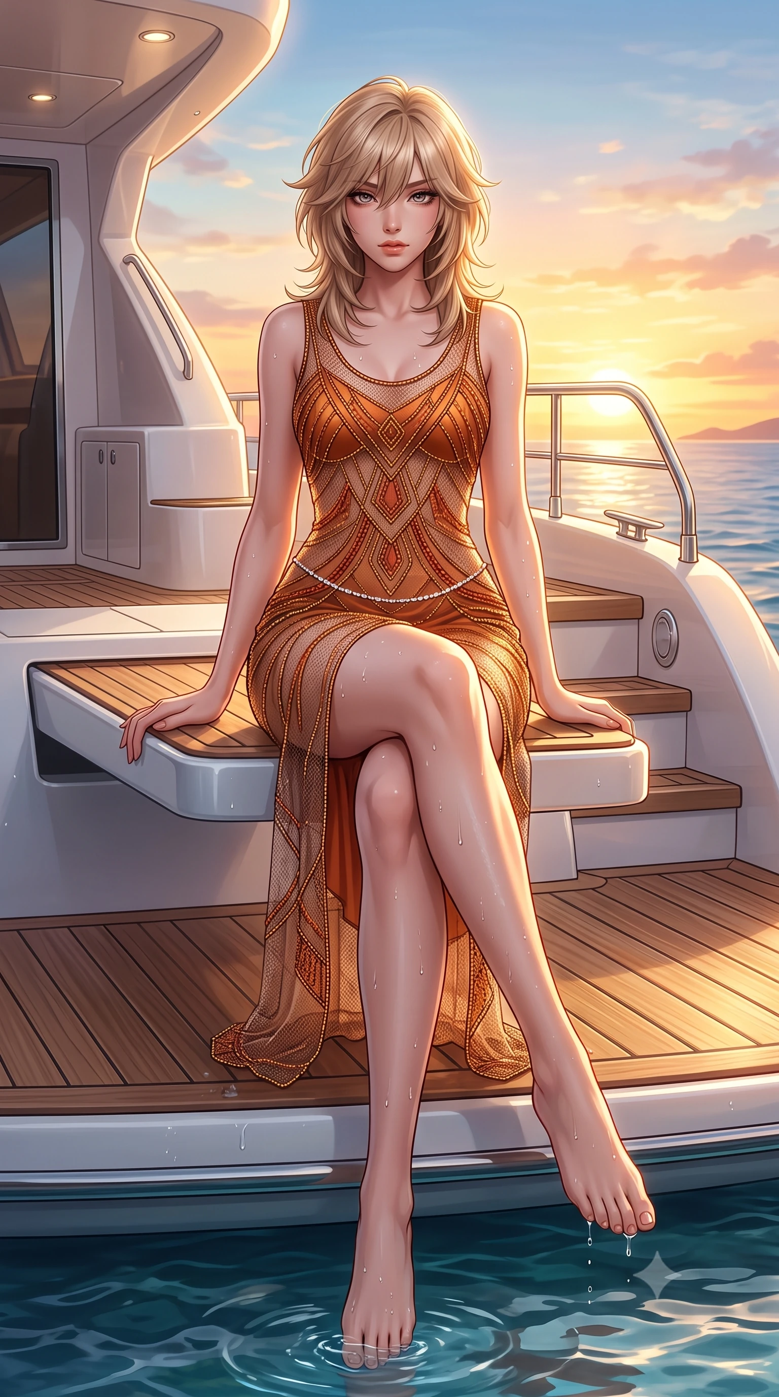 score_9, masterpiece, best quality, ultra-detailed, high-budget anime keyframe, semi-realistic 3D game render, editorial fashion photography, tasteful artistic composition, Japanese woman. low angle full-body shot from head to toe showing her feet, filling the entire 9:16 vertical frame with her statuesque presence, stretching her vertical silhouette. sitting perched on the elevated edge with hips angled toward the camera and legs crossed, displaying her toned midriff and flawlessly sculpted slender limbs while standing poised on the yacht swimming platform with water lapping at her feet, turning in an alluring dancer S-curve. The surrounding environment is rendered in vivid detail and crisp panoramic clarity. detailed knit swimwear texture, water droplet beads on skin, and distant sea horizon in high clarity. She has an exceptionally tall and slender model-like 8.5-heads proportion, an ultra-slim waist, a flat toned midriff, narrow delicate ribcage, and beautifully sculpted feminine hips creating a graceful, slim hourglass silhouette without any bulky heaviness, with impossibly long slender legs. sharp v-shaped jawline, high-bridge nose, intricate jewel-like eyes with depth, thick eyelashes, glossy parted lips with a natural sheen, intensely captivating and seductive bedroom-eyes expression, flawlessly proportioned anatomical accuracy, strict slender model proportions, natural body alignment, perfectly sculpted long slender limbs, ultra-slim waistline, clean dynamic posture without body distortion. wearing a sheer vintage mesh flapper dress adorned with intricate geometric beadwork over an opaque silk slip in molten desert gold and burnt terracotta, tailored from liquid silk jersey adhering flawlessly to her slender build, accented with a dainty diamond waist chain catching the ambient light reflections, the liquid-tight tailored fabric clinging flawlessly to her narrow waist and rounded feminine hips, emphasizing every millimeter of her sculpted slim hourglass curves without any bulky heaviness. bathed in glorious golden hour Mediterranean sunset backlighting and warm white boat deck bounce fill. highly saturated vibrant anime colors, detailed shading with soft gradients, rich glossy textures, high-contrast stereoscopic depth, volumetric dynamic lighting, master piece, 9:16 ratio