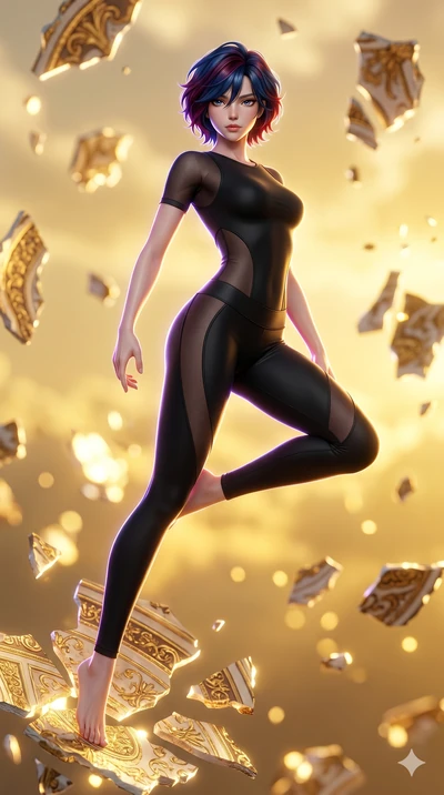 score_9, masterpiece, best quality, ultra-detailed, high-budget anime keyframe, Japanese woman. upper body close-up from the thighs up, character filling the screen for maximum presence. propelling herself off digital baroque ceiling fresco shards th