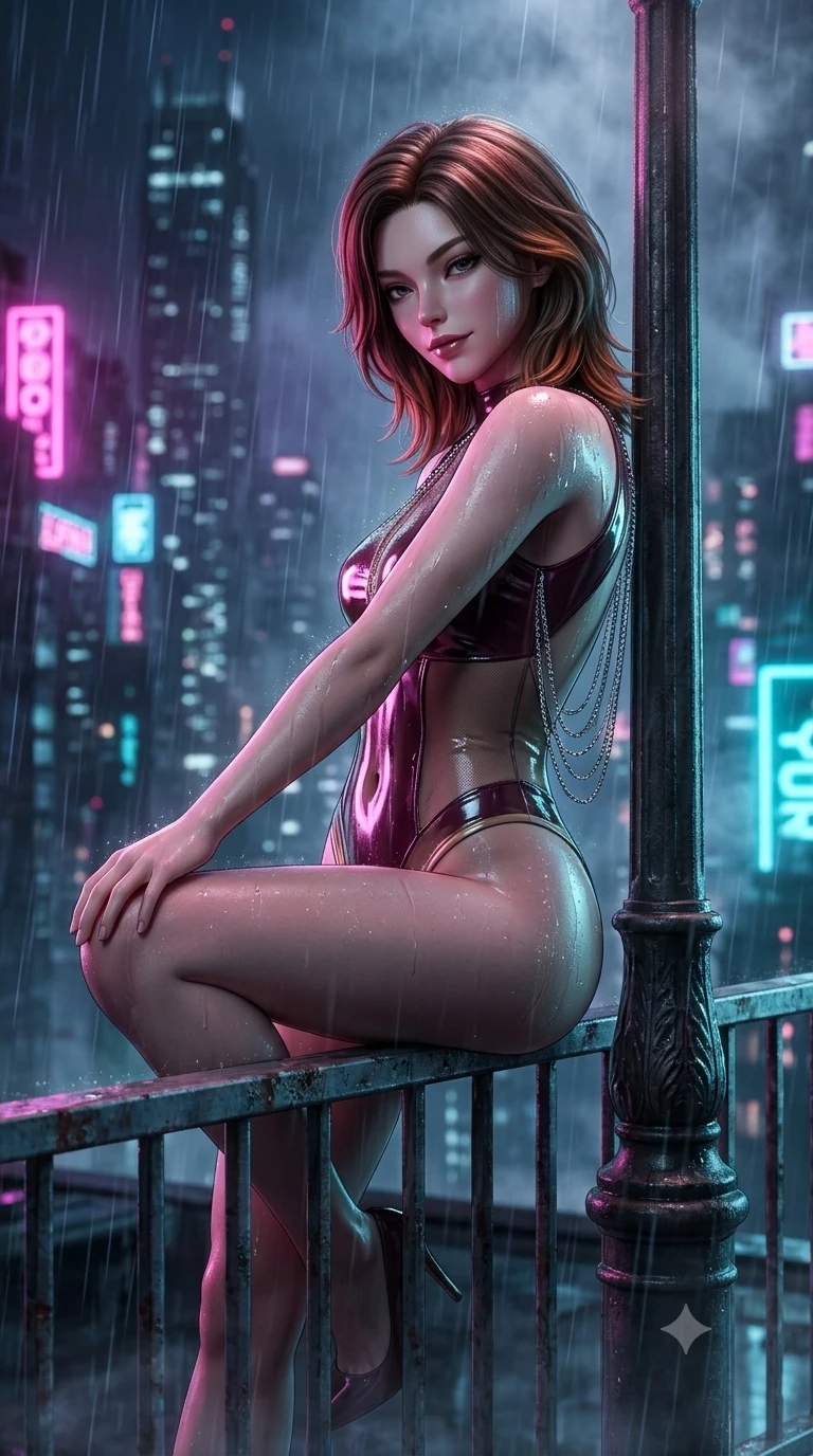 score_9, masterpiece, best quality, ultra-detailed, high-budget anime keyframe, semi-realistic 3D game render, editorial fashion photography, tasteful artistic composition, Korean woman. close-up cowboy shot from the waist and thighs up, the character dominates the composition, filling the frame with her large presence. leaning against a historic cast-iron lamppost with one knee bent, night mist drifting through her hair as her dark outfit traces her feminine curves while perched on the helipad perimeter railing with one knee drawn up, looking down at the cyberpunk city abyss with fearless bedroom-eyes. The background shows a soft-focus cyberpunk megalopolis skyline softened in torrential rain shallow focus. She has an exceptionally elegant, slender, and willowy female figure with an ultra-slim waist, flat toned midriff, narrow ribcage, and sculpted feminine hips creating an alluring, slim hourglass silhouette without bulk. sharp v-shaped jawline, high-bridge nose, intricate jewel-like dark sparkling eyes with dangerous depth, thick curled eyelashes, glossy parted lips with a rich wine sheen, smoldering seductive half-smile with bedroom-eyes, exuding effortless superiority and intoxicating dark allure, flawlessly proportioned anatomical accuracy, strict slender model proportions, natural body alignment, perfectly sculpted long slender limbs, ultra-slim waistline, clean dynamic posture without body distortion. wearing a delicate semi-translucent wet-look mesh bodysuit clinging sheerly to her sculpted torso and hip curves in dark mulberry wine and antique champagne, crafted from wet-look high-gloss vinyl fabric with dazzling specular surface reflections, accented with an open-back drape framed by falling strands of delicate chrome chains, the bespoke structured tailoring following the natural line of her 8.5-heads silhouette with refined elegance. bathed in intense saturated magenta and electric cyan neon floodlights cutting through falling rain. highly saturated vibrant anime colors, detailed shading with soft gradients, rich glossy textures, high-contrast stereoscopic depth, volumetric dynamic lighting, master piece, 9:16 ratio