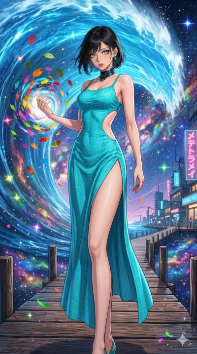 score_9, masterpiece, best quality, ultra-detailed, High-budget Anime Keyframe, beautiful Japanese anime girl. Low angle cowboy shot filling the entire 9:16 frame with her statuesque presence. Standing on a pier as a giant wave of light crashes behin