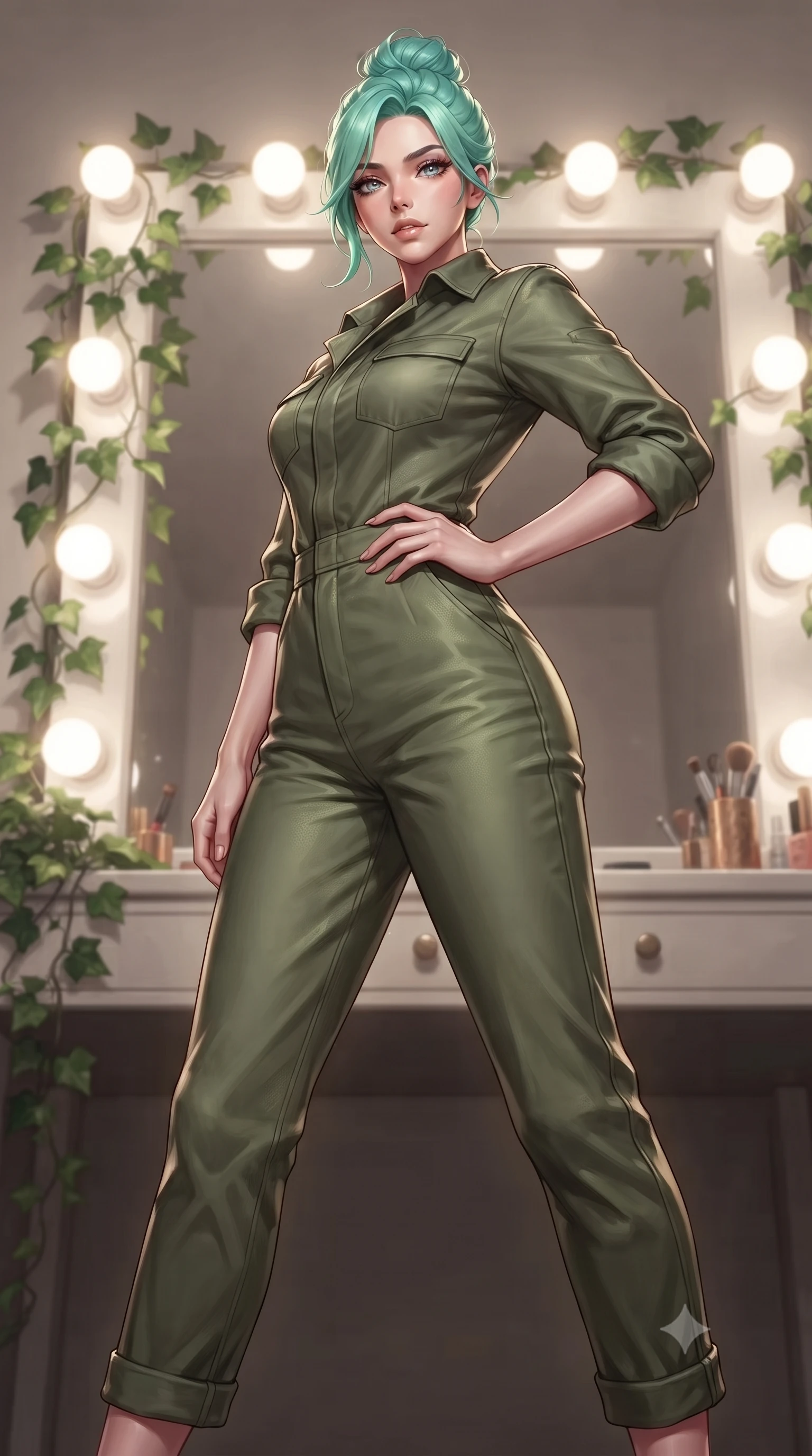 score_9, masterpiece, best quality, ultra-detailed, high-budget anime keyframe, editorial fashion photography, tasteful artistic composition, Japanese woman. low angle full-body shot from head to toe showing her feet, filling the entire 9:16 vertical frame with her statuesque presence, stretching her vertical silhouette. posing confidently with one hand on her hip, stretching her statuesque body to emphasize her curves the background shows a soft-focus a vintage vanity mirror corner decorated with climbing green ivy. She has an absolutely perfect, statuesque 8.5-heads proportion, an exceptionally tall and slender model-like female figure with impossibly long slender legs and an ultra-slim waist. sharp v-shaped jawline, high-bridge nose, intricate jewel-like eyes with depth, thick eyelashes, glossy lips with a natural sheen. wearing a slim-fit comfortable olive green cotton utility jumpsuit with a structured collar and rolled-up sleeves. bright vanity spotlights casting detailed front lighting with soft back shadow. ultra-reflective glossy finish, specular highlights, metallic sheen, high-contrast stereoscopic depth, volumetric dynamic lighting, 2k, ultra detail, master piece, 9:16 ratio