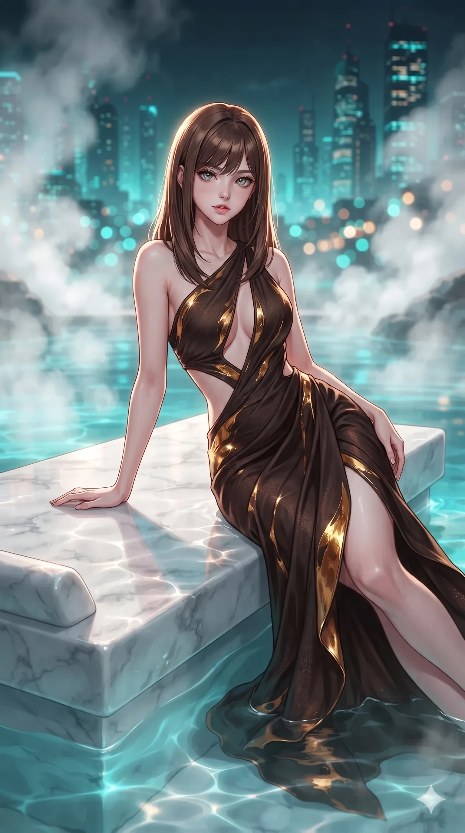 score_9, masterpiece, best quality, ultra-detailed, high-budget anime keyframe, editorial fashion photography, tasteful artistic composition, Korean woman. close-up cowboy shot from the waist and thighs up, the character dominates the composition, filling the frame with her large presence. leaning forward while arching her lower back to accentuate her curvy hips, looking into the camera with an intoxicating smoldering gaze and bedroom-eyes while reclining on the submerged marble daybed with one knee bent, looking back over her shoulder with an intoxicating smoldering bedroom-gaze. The background shows a soft-focus swirling white geothermal steam plumes, glowing turquoise thermal water, and distant illuminated skyscrapers blurred into turquoise, amber, and midnight obsidian bokeh. She has an exceptionally elegant, slender, and willowy female figure with an ultra-slim waist, flat toned midriff, narrow ribcage, and sculpted feminine hips creating an alluring, slim hourglass silhouette without bulk. sharp v-shaped jawline, high-bridge nose, intricate jewel-like sparkling eyes with depth, thick eyelashes, glossy parted lips with a natural sheen, intensely captivating and seductive bedroom-eyes expression, exuding both youthful cute charm and sovereign luxury allure, flawlessly proportioned anatomical accuracy, strict slender model proportions, natural body alignment, perfectly sculpted long slender limbs, ultra-slim waistline, clean dynamic posture without body distortion. wearing a sculptured liquid-satin mermaid gown with an architectural open-waist cutout and bare spine in dark espresso brown and molten gold foil, adorned with delicate chrome ring hardware and cutouts along her slender waist, accented with a dainty gold belly chain resting across her flat midriff and curving hips, the form-contouring material adhering flawlessly to her sculpted flat midriff and slender torso, emphasizing her long leg lines and perfectly proportioned willowy build. illuminated by water surface ripple reflections and sharp turquoise-amber rim lights carving her sculpted collarbones, ultra-slim waist, and curvy hips. ultra-reflective glossy finish, specular highlights, rich textural contrasts, high-contrast stereoscopic depth, volumetric dynamic lighting, 2k, ultra detail, master piece, 9:16 ratio