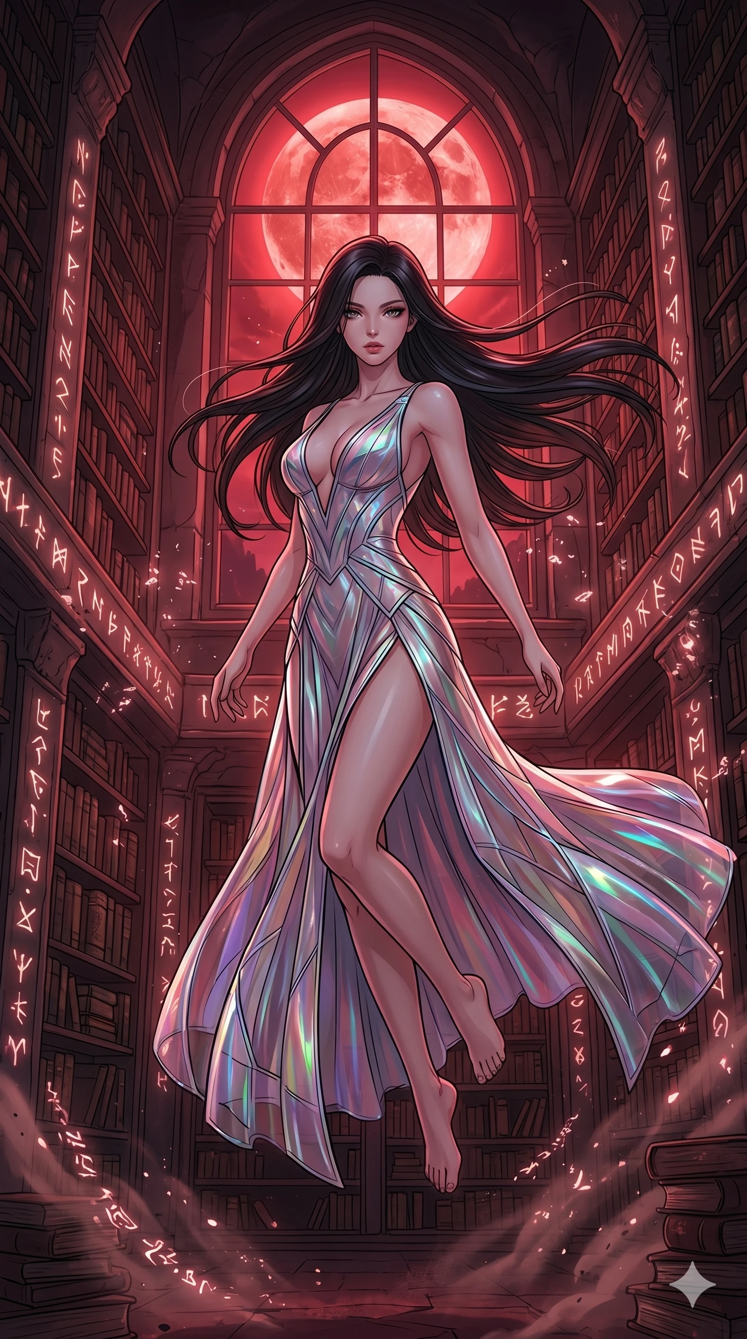 score_9, masterpiece, best quality, ultra-detailed, high-budget anime movie keyframe, cinematic anime lighting, intricate line art, Japanese woman. Upper body filling screen focusing on her alluring features and slim-fit silhouette. leaping gracefully in a ancient runic library under a blood moon. She has an absolutely perfect 8-heads proportion, an exceptionally tall and slender female figure with an ultra-slim waist and impossibly long slender legs. sharp v-shaped jawline, high-bridge nose, intricate jewel-like eyes, thick eyelashes, glossy lips. Wearing avant-garde high-fashion gown made of iridescent vinyl with a dangerously high side slit and a plunging neckline, revealing an ultra-slim waist and long slender legs. The scene is illuminated by dramatic atmospheric lighting and vibrant color palettes. , 2k, ultra detail, master piece, 9:16 ratio