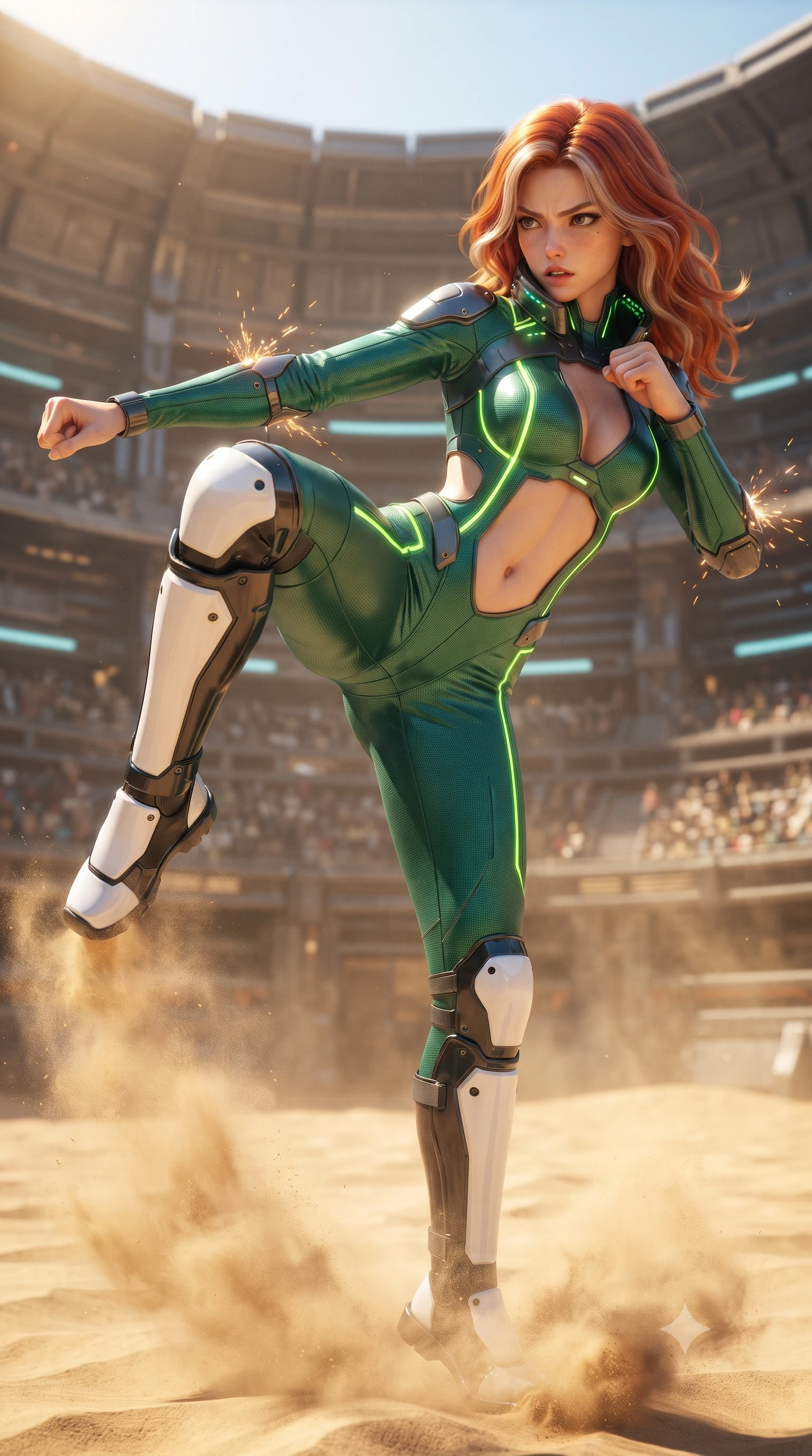 score_9, masterpiece, best quality, ultra-detailed, high-budget anime keyframe, editorial fashion photography, tasteful artistic composition, Caucasian woman. close-up cowboy shot from the waist and thighs up, the character dominates the composition, filling the frame with her large presence. twisting her upper body in a dynamic S-curve martial arts stance, cybernetic elbow dampers emitting subtle electric sparks as she aims a focused palm strike while executing a vertical 180-degree mid-air spinning axe kick in a vast cybernetic colosseum arena as sand swirls beneath her feet. The surrounding environment is rendered in vivid detail and crisp panoramic clarity. vibrant high-contrast desert arena lighting and heroic warrior aesthetics rendered in panoramic precision. She has an exceptionally elegant, slender, and willowy female figure with an ultra-slim waist, a gracefully sculpted slender torso, toned flat midriff, and a refined slim silhouette. sharp v-shaped jawline, high-bridge nose, intricate jewel-like eyes with depth, thick eyelashes, glossy lips with a natural sheen, flawlessly proportioned anatomical accuracy, strict slender model proportions, natural body alignment, perfectly sculpted long slender limbs, ultra-slim waistline, clean dynamic posture without body distortion. wearing a tailored emerald-green carbon-fiber tactical jumpsuit with glowing lime LED channels, open cowl back, and reinforced combat shin-guards in monochrome white enamel carbon with high-contrast black panels, made of lightweight aerodynamic carbon-titanium alloy with polished edge bevels, featuring a sleek aerodynamic collar framed by subtle glowing cybernetic status LEDs, the precision-cut daring openings accentuating her delicate midriff, graceful bare collarbones, and ultra-slim feminine waistline. bathed in brilliant midday desert sunshine and warm golden sand surface reflections. ultra-reflective glossy finish, specular highlights, dark metallic sheen, high-contrast stereoscopic depth, volumetric dynamic lighting, 2k, ultra detail, master piece, 9:16 ratio