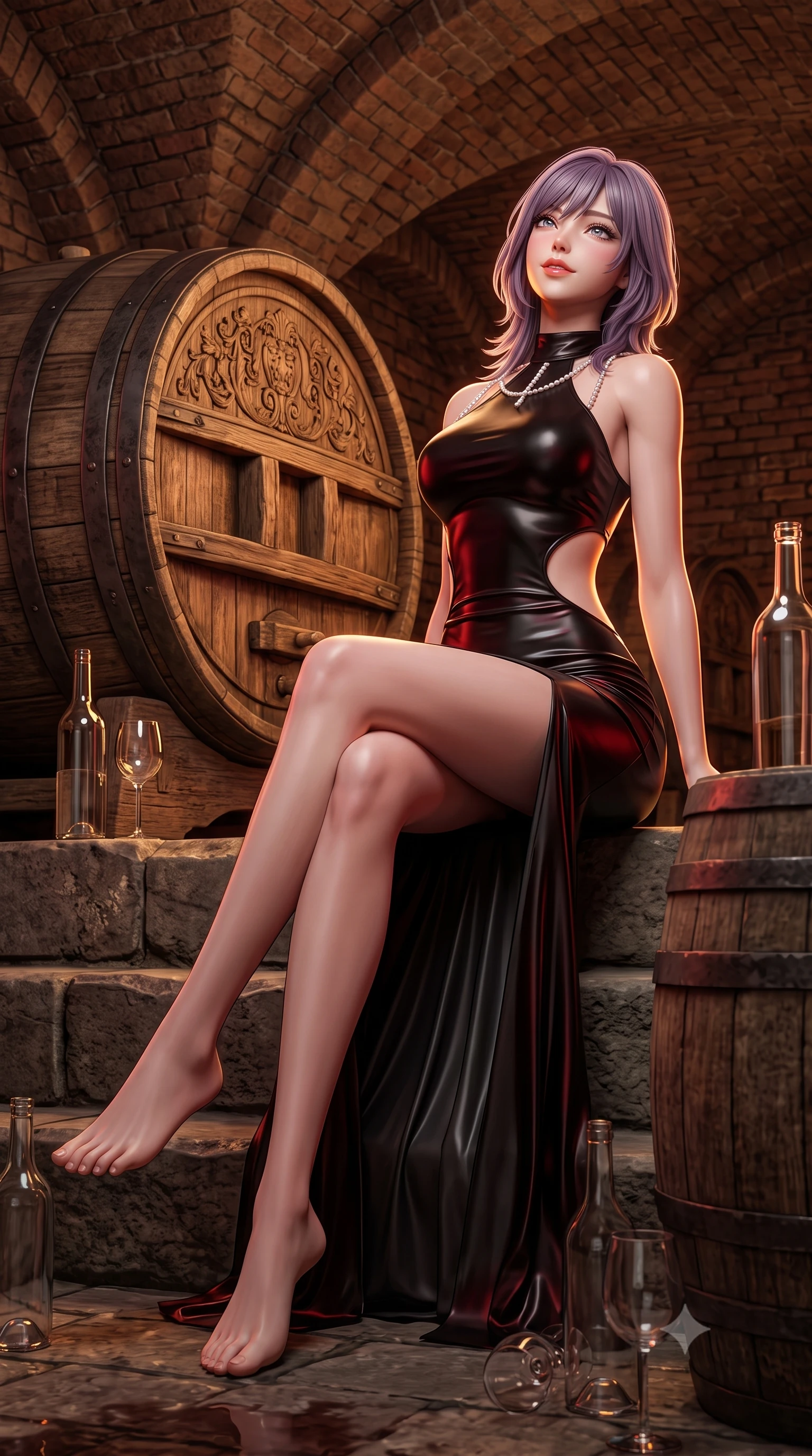 score_9, masterpiece, best quality, ultra-detailed, high-budget anime keyframe, semi-realistic 3D game render, editorial fashion photography, tasteful artistic composition, Japanese woman. low angle full-body shot from head to toe showing her feet, filling the entire 9:16 vertical frame with her statuesque presence, stretching her vertical silhouette. sitting poised on the stone steps with one knee bent, arching her spine with supermodel elegance as she glances upward through thick eyelashes while lounging against an ancient carved wine cask with legs crossed, arching her lower back with seductive vampire queen poise. The surrounding environment is rendered in vivid detail and crisp panoramic clarity: sharp ancient brick vaulting texture, iron hoop bands on weathered oak barrels, and wine glass refraction clarity in deep focus. She has an absolutely perfect, statuesque 8.5-heads proportion, an exceptionally tall and slender model-like female figure with impossibly long slender legs, an ultra-slim waist, a flat toned midriff, narrow delicate ribcage, and beautifully sculpted feminine hips creating a graceful, slim hourglass silhouette without any bulky heaviness. sharp v-shaped jawline, high-bridge nose, sparkling eyes with hypnotic seductive depth, thick curled eyelashes, glossy parted lips with a natural dewy peach sheen, alluring bedroom-eyes with an enchanting coquettish smile, exuding magnetic siren charisma and sophisticated glamour, flawlessly proportioned anatomical accuracy, strict slender model proportions, natural body alignment, perfectly sculpted long slender limbs, ultra-slim waistline, clean dynamic posture without body distortion. wearing a sculptural liquid jersey column dress with a dramatic hip-high side slit and asymmetrical cutout waist darts in wet-look onyx black with crimson specular reflections, woven from buttery-soft stretch lambskin leather adhering to her body like a second skin, accented with a pearl-drop body harness subtly framing her dewy collarbones and spine, the liquid-tight tailored fabric clinging flawlessly to her narrow waist and rounded feminine hips, emphasizing every millimeter of her sculpted slim hourglass curves without any bulky heaviness. illuminated by wine puddle specular bounce and sharp warm-amber rim lights sculpting her jawline, flat midriff, and voluptuous hip curves. highly saturated vibrant anime colors, detailed shading with soft gradients, rich glossy textures, high-contrast stereoscopic depth, volumetric dynamic lighting, master piece, 9:16 ratio