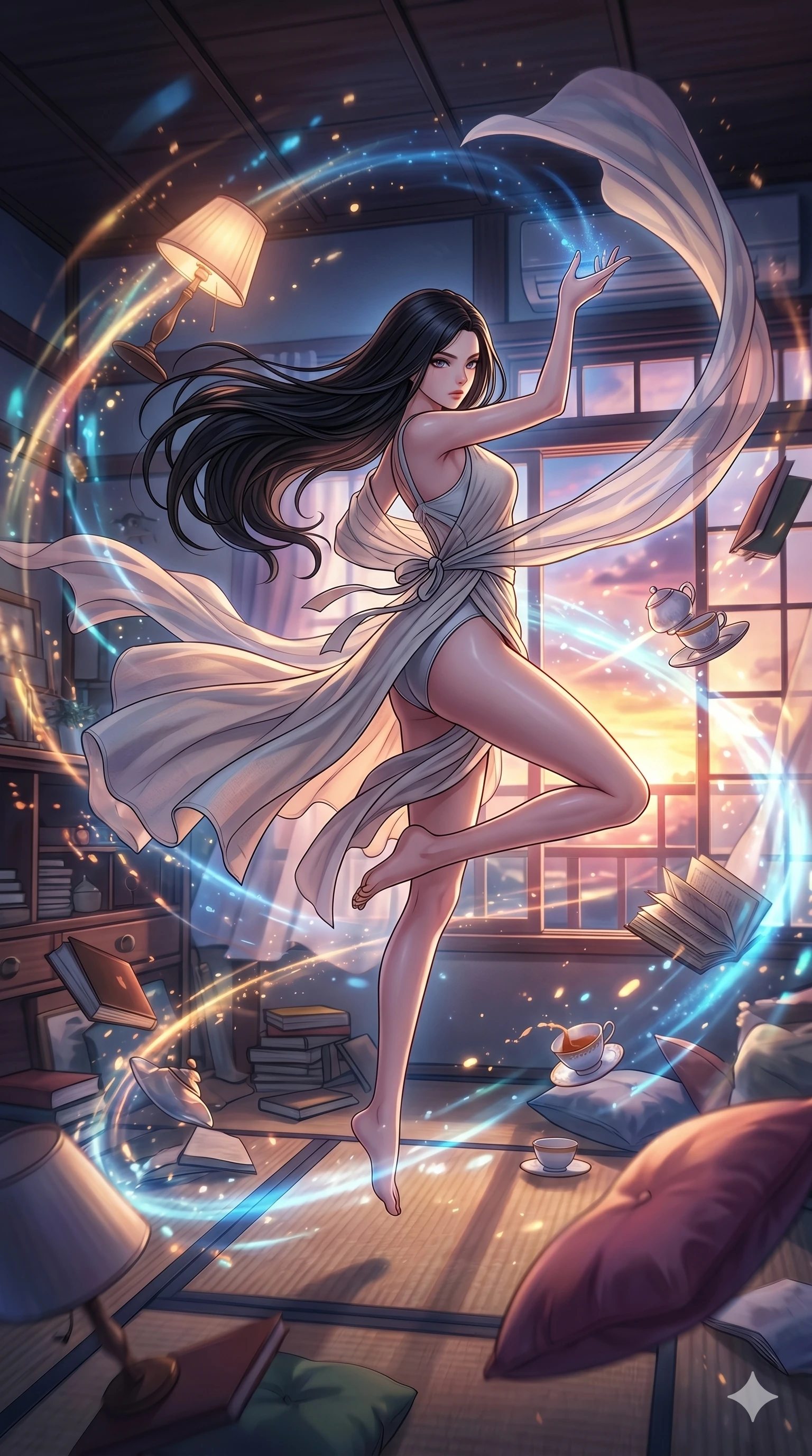 score_9, masterpiece, best quality, ultra-detailed, high-budget anime movie keyframe, cinematic anime lighting, intricate line art, Japanese woman. Mid-air action shot capturing a graceful twist and vertical silhouette. manipulating the gravity of a room, causing objects to float and spin. She has an absolutely perfect 8-heads proportion, an exceptionally tall and slender female figure with an ultra-slim waist and impossibly long slender legs. strictly human anatomy, two legs only, no extra limbs, clearly defined legs and arms, perfect anatomy, perfect hands and fingers. sharp v-shaped jawline, high-bridge nose, intricate jewel-like eyes, thick eyelashes, glossy lips. Wearing Seasonal/Resort: High-cut one-piece with sarong, linen sundress with tie-back, and sheer fabric wrap. The scene is illuminated by dramatic atmospheric lighting and vibrant color palettes. , 2k, ultra detail, master piece, 9:16 ratio