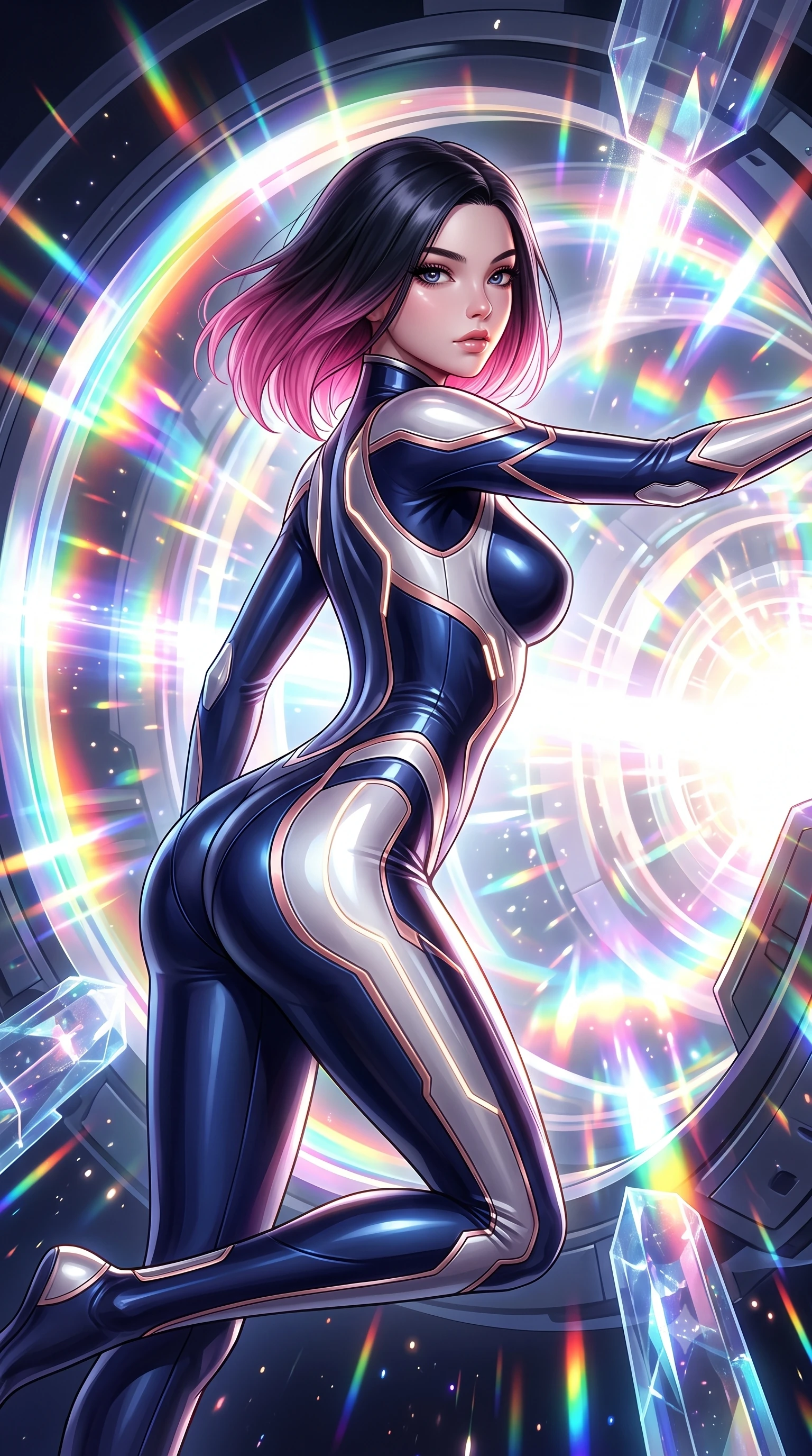 score_9, masterpiece, best quality, ultra-detailed, high-budget anime keyframe, editorial fashion photography, tasteful artistic composition, Korean woman. close-up cowboy shot from the waist and thighs up, the character dominates the composition, filling the frame with her large presence. stretching forward with an alluring arch of her spine, glancing over her shoulder with divine self-assurance and magnetic intensity while floating in zero-gravity at the core of a starship warp engine as gigantic rotating magnetic rings emit dazzling prism light. The surrounding environment is rendered in vivid detail and crisp panoramic clarity. sharp magnetic ring mechanical seams, distinct glowing particle trails, and crystalline conduit facets in deep focus. She has an exceptionally elegant, slender, and willowy female figure with an ultra-slim waist, a gracefully sculpted slender torso, toned flat midriff, and a refined slim silhouette. sharp v-shaped jawline, high-bridge nose, intricate jewel-like eyes with depth, thick eyelashes, glossy lips with a natural sheen, flawlessly proportioned anatomical accuracy, strict slender model proportions, natural body alignment, perfectly sculpted long slender limbs, ultra-slim waistline, clean dynamic posture without body distortion. wearing a statuesque midnight cobalt and polished platinum bodysuit featuring sleek aerodynamic contour lines and glowing circuit accents in sculpted rose gold and luminescent champagne ivory, made of liquid jersey fabric that clings flawlessly to every contour of her build, featuring a sleek aerodynamic collar framed by subtle glowing cybernetic accents, the liquid-tight tailored fabric emphasizing every curve of her tall, slender model proportions and sculptured silhouette during dynamic movement. bathed in brilliant white-hot warp core radiance and saturated rainbow particle prism refractions. ultra-reflective glossy finish, specular highlights, dark metallic sheen, high-contrast stereoscopic depth, volumetric dynamic lighting, 2k, ultra detail, master piece, 9:16 ratio