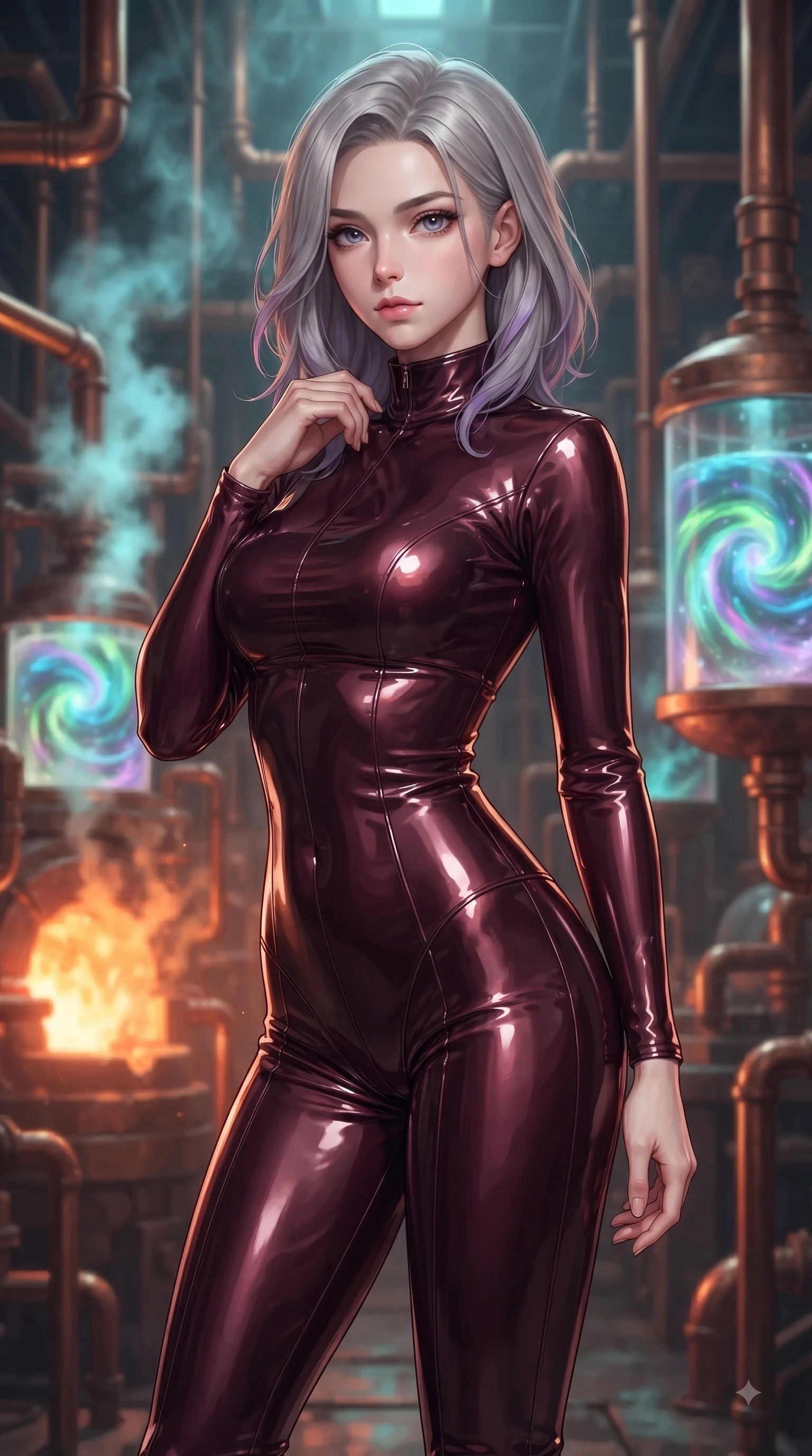 score_9, masterpiece, best quality, ultra-detailed, high-budget anime keyframe, editorial fashion photography, tasteful artistic composition, Caucasian woman woman. close-up cowboy shot from the waist and thighs up, the character dominates the composition, filling the frame with her large presence, background elements kept in soft focus. She has an exceptionally elegant, slender, and willowy female figure with an ultra-slim waist, a gracefully sculpted slender torso, and a refined silhouette. casting a slow, direct gaze beneath heavy lashes with magnetic intensity, flawlessly proportioned anatomical accuracy, natural body alignment, perfectly sculpted elegant limbs, clean dynamic posture without body distortion. set against a soft-focus background of a copper pipe industrial foundry with liquid aurora crucibles. wearing a form-fitting dark burgundy vinyl bodycon outfit with a high collar line. bathed in intense orange furnace light clashing with cool cyan steam highlights. ultra-reflective glossy finish, specular highlights, metallic sheen, high-contrast stereoscopic depth, volumetric dynamic lighting, 2k, ultra detail, master piece, 9:16 ratio