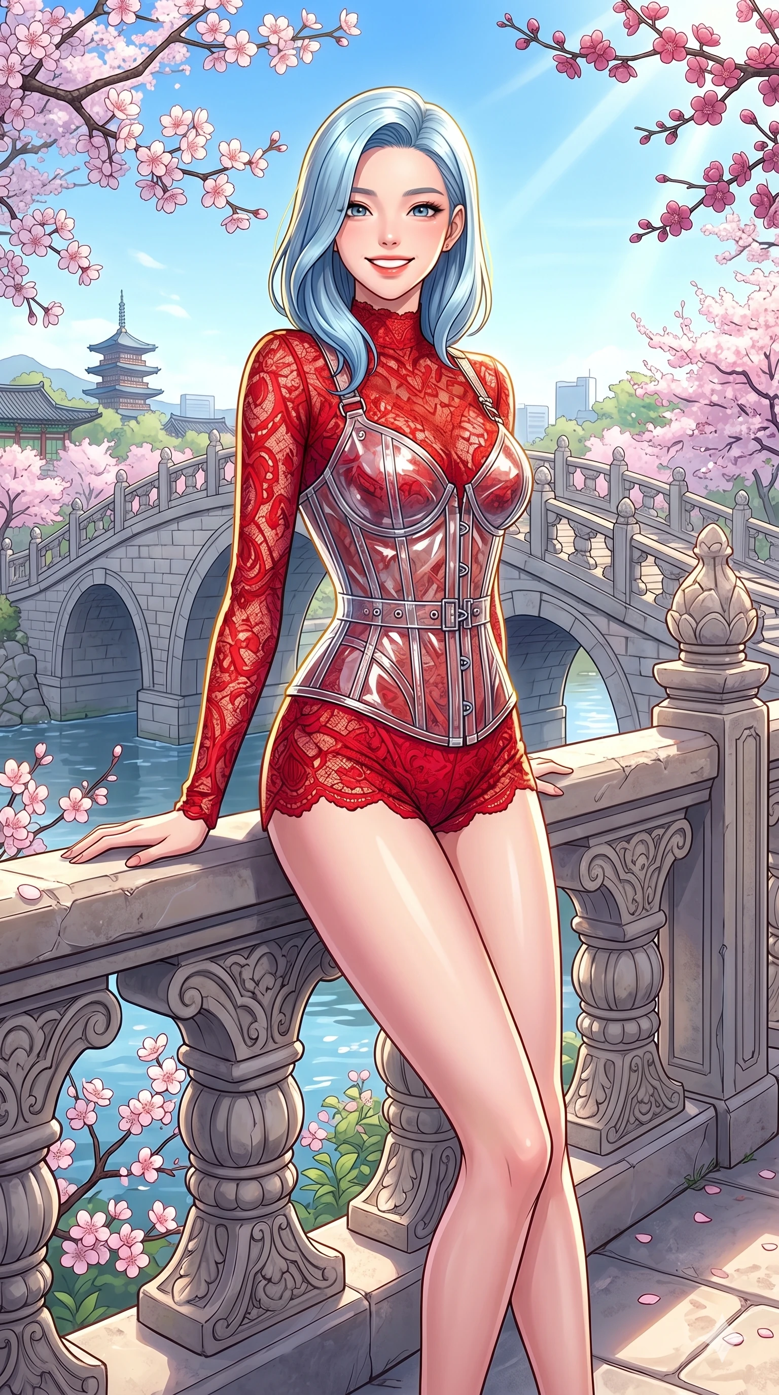 score_9, masterpiece, best quality, ultra-detailed, high-budget anime keyframe, vibrant anime aesthetic, Korean woman. cowboy shot from the thighs up, character and outfit filling the frame for maximum presence. She is leaning on a terrace rail, looking at the viewer with a bright, joyful smile on an elegant stone bridge under spring blooms (Code-P20-173). She has an absolutely perfect 8-heads proportion, an exceptionally tall and slender female figure with impossibly long slender legs and an ultra-slim waist. V-shaped jawline, high-bridge nose, intricate jewel-like eyes with depth, thick eyelashes, glossy lips with a natural sheen. wearing a transparent vinyl corset over a red lace suit. She is bathed in brilliant, high-contrast sunlight with a single golden line tracing her profile. 2k, ultra detail, master piece, 9:16 ratio