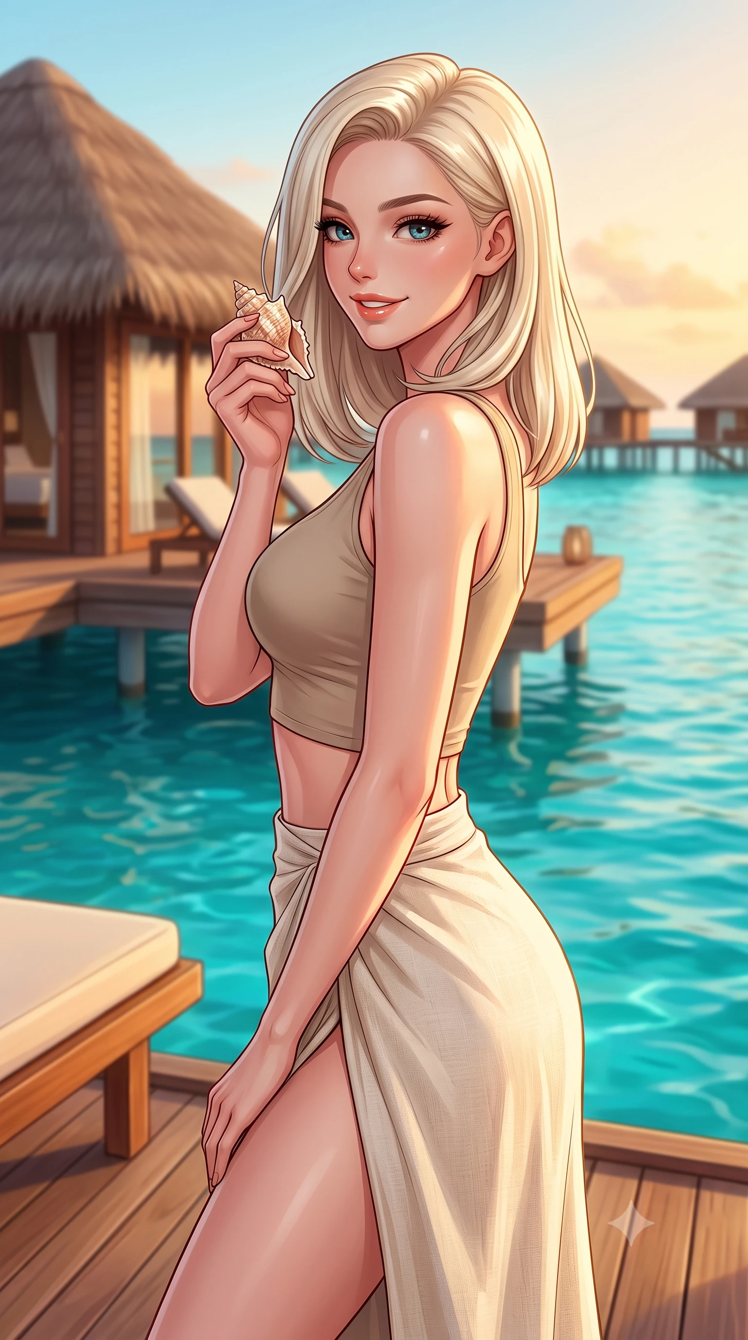 score_9, masterpiece, best quality, ultra-detailed, high-budget anime keyframe, editorial fashion photography, tasteful artistic composition, Caucasian woman. close-up cowboy shot from the waist and thighs up, the character dominates the composition, filling the frame with her large presence, background elements kept in soft focus. smiling with a playful and cute half-smile, glancing sidelong over her shoulder set against a soft-focus background of on a private wooden deck of a luxury resort villa overlooking a turquoise lagoon holding a small seashell with a happy, cute expression. She has an exceptionally elegant, slender, and willowy female figure with an ultra-slim waist, a gracefully sculpted slender torso, and a refined silhouette. sharp v-shaped jawline, high-bridge nose, intricate jewel-like eyes with depth, thick eyelashes, glossy lips with a natural sheen. wearing form-contouring stylish crop top paired with a high-slit linen wrap skirt. warm, golden resort twilight lighting casting a relaxing, luxurious ambiance. highly saturated vibrant anime colors, detailed shading with soft gradients, rich glossy textures, high-contrast stereoscopic depth, volumetric dynamic lighting, master piece, 9:16 ratio
