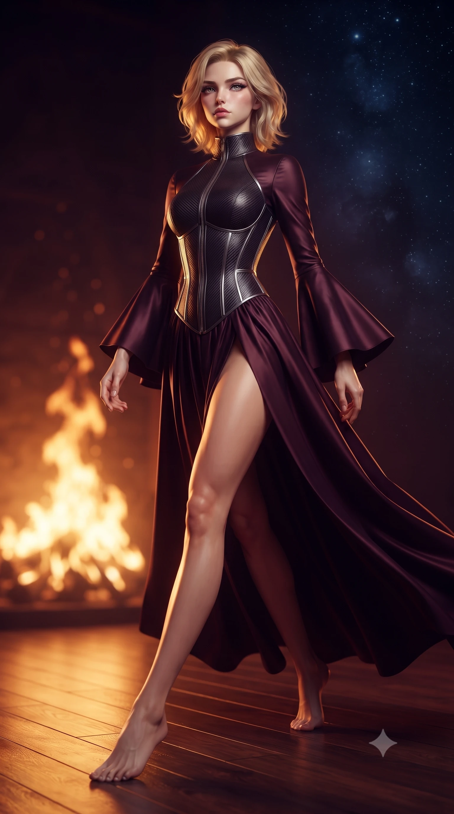 score_9, masterpiece, best quality, ultra-detailed, high-budget anime keyframe, editorial fashion photography, tasteful artistic composition, Caucasian woman. low angle full-body shot from head to toe showing her feet, filling the entire 9:16 vertical frame with her statuesque presence, stretching her vertical silhouette. leaping dynamically through the starry space, her posture full of power and elegance, walking across a polished dark wood floor wrapped in deep burgundy shadows, roaring firelight casting warm orange and golden rays across her skin. She has an absolutely perfect, statuesque 8.5-heads proportion, an exceptionally tall and slender model-like female figure with impossibly long slender legs and an ultra-slim waist. sharp v-shaped jawline, high-bridge nose, intricate jewel-like eyes with depth, thick eyelashes, glossy lips with a natural sheen. wearing gothic high-collar dark plum silk evening gown with bell sleeves in dark mahogany, made of matte carbon-fiber weave, finished with metallic silver boning and sleek zipper points, following her slender form with tailored precision. surrounded by a warm golden glow with sharp edge highlights from firelight. ultra-reflective glossy finish, specular highlights, metallic sheen, high-contrast stereoscopic depth, volumetric dynamic lighting, 2k, ultra detail, master piece, 9:16 ratio