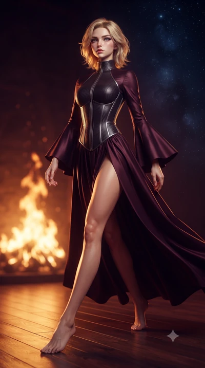 score_9, masterpiece, best quality, ultra-detailed, high-budget anime keyframe, editorial fashion photography, tasteful artistic composition, Caucasian woman. low angle full-body shot from head to toe showing her feet, filling the entire 9:16 vertica