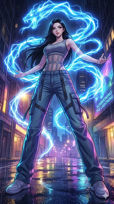 score_9, masterpiece, best quality, ultra-detailed, high-budget anime movie keyframe, cinematic anime lighting, intricate line art, Caucasian (strictly human ears) woman. Low angle cowboy shot capturing a powerful motion and statuesque presence. summ