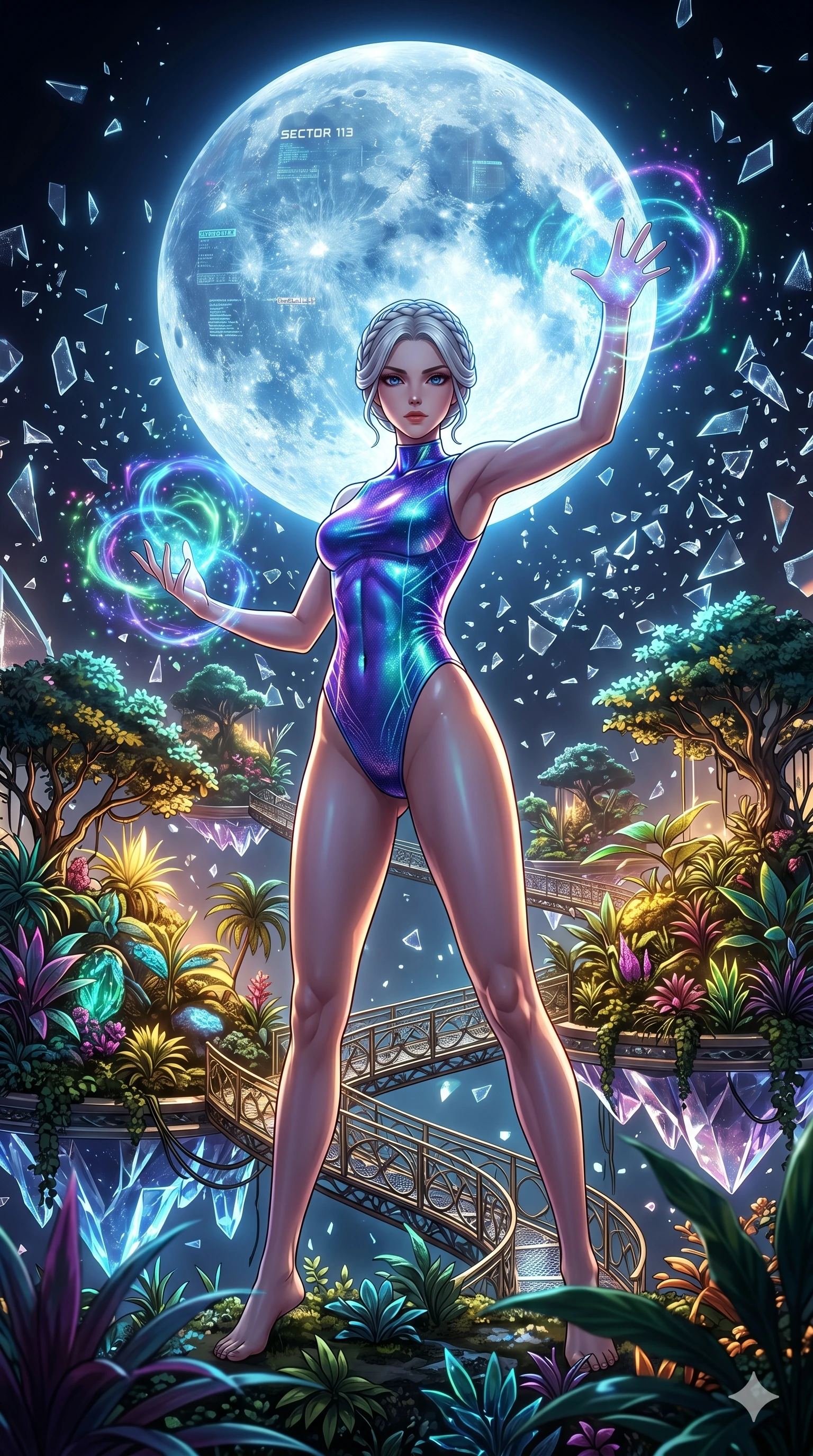 score_9, masterpiece, best quality, ultra-detailed, Set A: High-budget Anime Keyframe, Japanese woman. Low angle cowboy shot filling the entire 9:16 frame with her statuesque presence. Casting a spell through a floating botanical garden, with a massive holographic moon rising behind her marked as sector 113 and surrounded by shattered glass fragments. She has an absolutely perfect 8-heads proportion, an exceptionally tall and slender female figure with impossibly long slender legs and an ultra-slim waist. Sharp v-shaped jawline, high-bridge nose, intricate jewel-like eyes with depth, thick eyelashes, glossy lips with a natural sheen. Wearing High-cut bodysuit made of liquid-crystal fabric that changes color with movement. Cinematic lighting, vibrant colors, dramatic shadows, 2k, ultra detail, master piece, 9:16 ratio