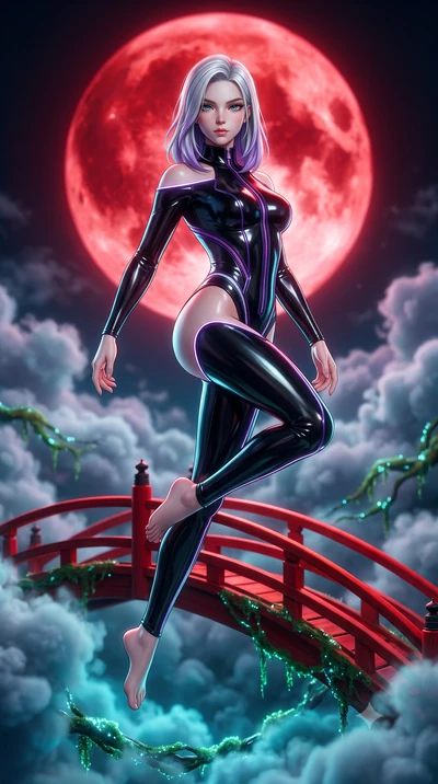 score_9, masterpiece, best quality, ultra-detailed, high-budget anime keyframe, semi-realistic 3D game render, editorial fashion photography, tasteful artistic composition, Caucasian woman. low angle full-body shot from head to toe showing her feet, 