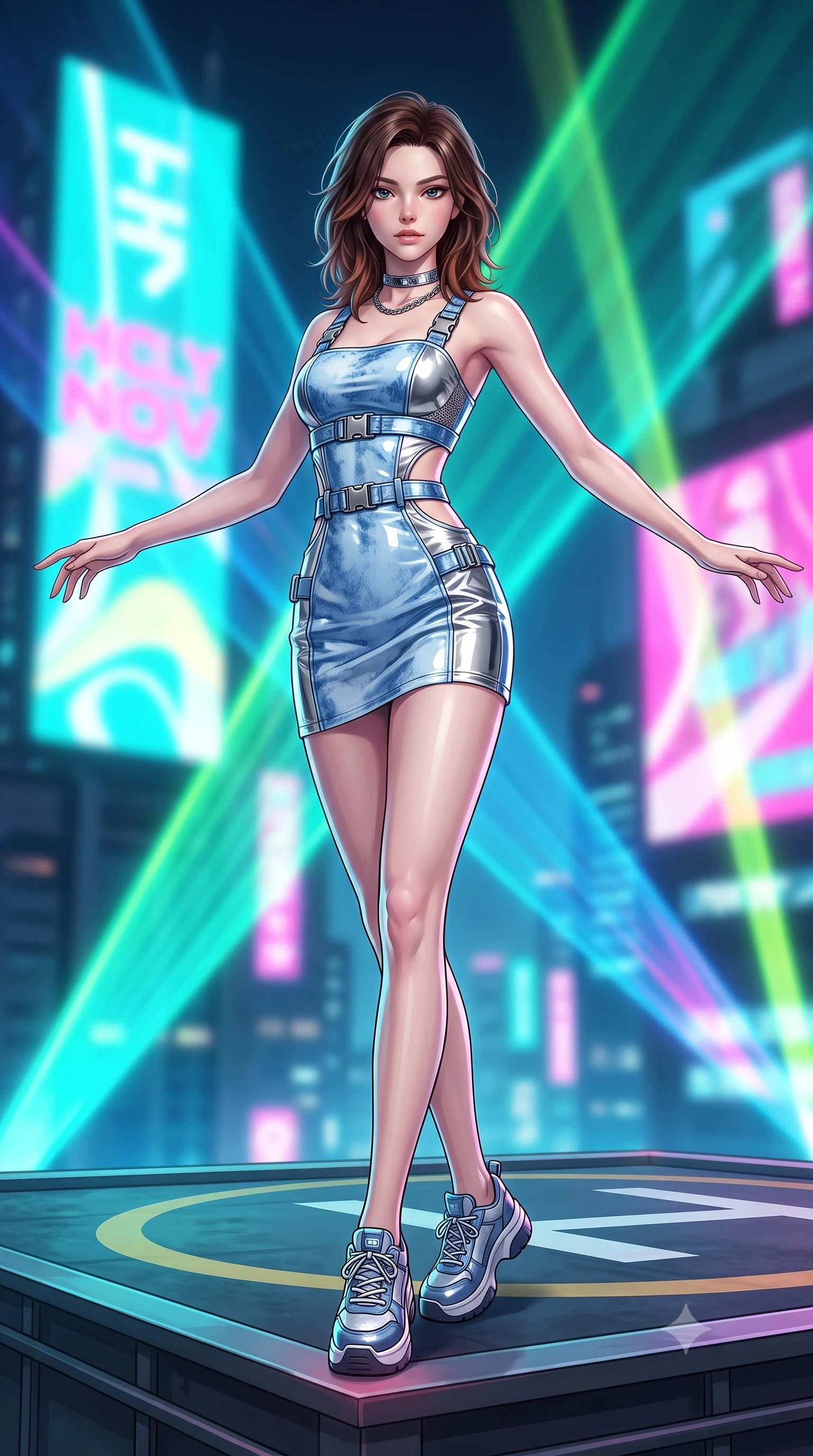 score_9, masterpiece, best quality, ultra-detailed, high-budget anime keyframe, semi-realistic 3D game render, editorial fashion photography, tasteful artistic composition, Korean woman. low angle full-body shot from head to toe showing her feet, filling the entire 9:16 vertical frame with her statuesque presence, stretching her vertical silhouette. pivoting dynamically with supreme athletic balance and poise, her impossibly long slender legs creating a breathtaking line while standing poised on the edge of a rooftop helipad platform with arms outstretched, welcoming the pulsing techno basslines. The composition keeps background elements in soft focus with creamy bokeh. giant holographic neon advertisements and sweeping laser light cones blurred into electric turquoise, lime, and fuchsia bokeh. She has an absolutely perfect, statuesque 8.5-heads proportion, an exceptionally tall and slender model-like female figure with impossibly long slender legs, a toned flat midriff, and an ultra-slim waist. sharp v-shaped jawline, high-bridge nose, intricate jewel-like eyes with depth, thick eyelashes, glossy lips with a natural sheen, captivating and magnetic expression, flawlessly proportioned anatomical accuracy, strict slender model proportions, natural body alignment, perfectly sculpted long slender limbs, ultra-slim waistline, clean dynamic posture without body distortion. wearing a high-gloss vinyl mini dress accented with industrial buckle straps and side-waist cutouts in acid-wash light denim blue and silver chrome, made of breathable technical athletic mesh and liquid-finish track nylon, accessorized with bold platform sneakers and silver chain choker, the breezy yet form-flattering drape swaying gracefully with her steps, accentuating her long willowy limbs and slim waistline. illuminated by crisp rim lights accentuating her ultra-slim waistline and long athletic limbs. highly saturated vibrant anime colors, detailed shading with soft gradients, rich glossy textures, high-contrast stereoscopic depth, volumetric dynamic lighting, master piece, 9:16 ratio
