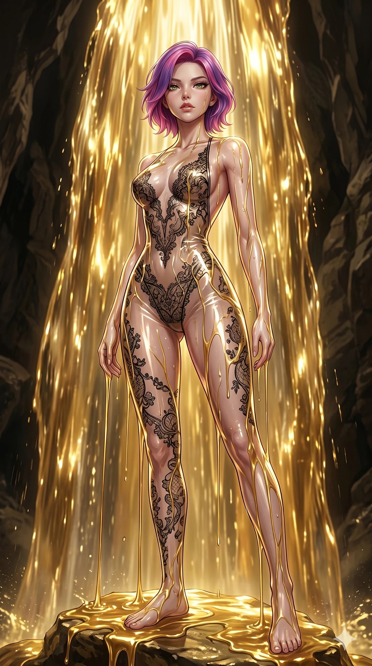score_9, masterpiece, best quality, ultra-detailed, High-budget Anime Keyframe, East Asian woman. Low angle cowboy shot filling the entire 9:16 frame with her statuesque presence. Scenario 259: Standing under a waterfall of liquid gold, the fluid coating her form. Her presence is magnetic and overpowering in this high-budget anime scene. Outfit 259: A translucent PVC sheer with a backless design and delicate lace embroidery. The clothing is designed to emphasize her exceptionally tall and slender 8-heads proportion. 8-heads proportion, towering silhouette, ultra-slim waist. sharp v-shaped jawline, intricate jewel-like eyes with depth, thick eyelashes, glossy lips. 2k, ultra detail, master piece, 9:16 ratio