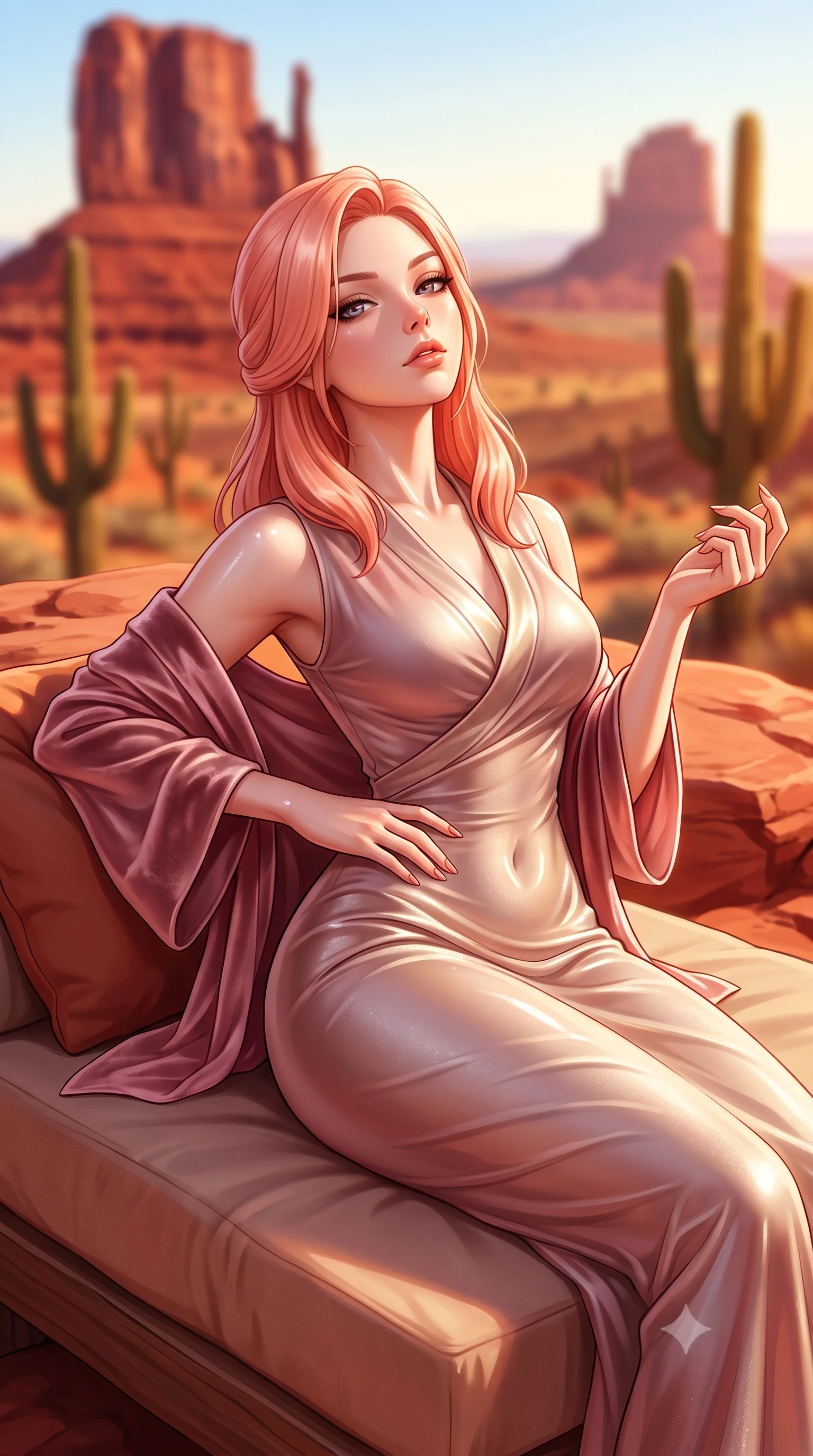score_9, masterpiece, best quality, ultra-detailed, high-budget anime keyframe, semi-realistic 3D game render, editorial fashion photography, tasteful artistic composition, Japanese woman. close-up cowboy shot from the waist and thighs up, the character dominates the composition, filling the frame with her large presence. tilting her chin up with proud, sovereign allure while gazing through thick eyelashes, one hand resting on her waist in pure supermodel charisma while reclining on a sun-warmed red rock terrace daybed propped on one elbow, arching her lower back to accentuate her curvy hips against the canyon panorama. The composition keeps background elements in soft focus with creamy bokeh. monumental crimson sandstone buttes and saguaro cactus silhouettes blurred into glowing terracotta, burnt orange, and desert-gold bokeh. She has an exceptionally elegant, slender, and willowy female figure with an ultra-slim waist, flat toned midriff, narrow ribcage, and sculpted feminine hips creating an alluring, slim hourglass silhouette without bulk. sharp v-shaped jawline, high-bridge nose, intricate jewel-like eyes with depth, thick eyelashes, glossy parted lips with a natural sheen, intensely captivating and seductive bedroom-eyes expression, flawlessly proportioned anatomical accuracy, strict slender model proportions, natural body alignment, perfectly sculpted long slender limbs, ultra-slim waistline, clean dynamic posture without body distortion. wearing a delicate semi-translucent silk yukata that clings to her wet skin and curvy hip contours in dusky blush rose and shimmering champagne shimmer, tailored from liquid silk jersey adhering flawlessly to her slender build, complemented by a plush velvet shawl draped loosely over her elbows, the second-skin form-contouring cut accentuating her sculpted flat midriff, narrow delicate ribcage, and gracefully curvy hips with supermodel precision. illuminated by wet specular pool highlights accentuating her slender neckline, sculpted waist, and rounded hips. highly saturated vibrant anime colors, detailed shading with soft gradients, rich glossy textures, high-contrast stereoscopic depth, volumetric dynamic lighting, master piece, 9:16 ratio