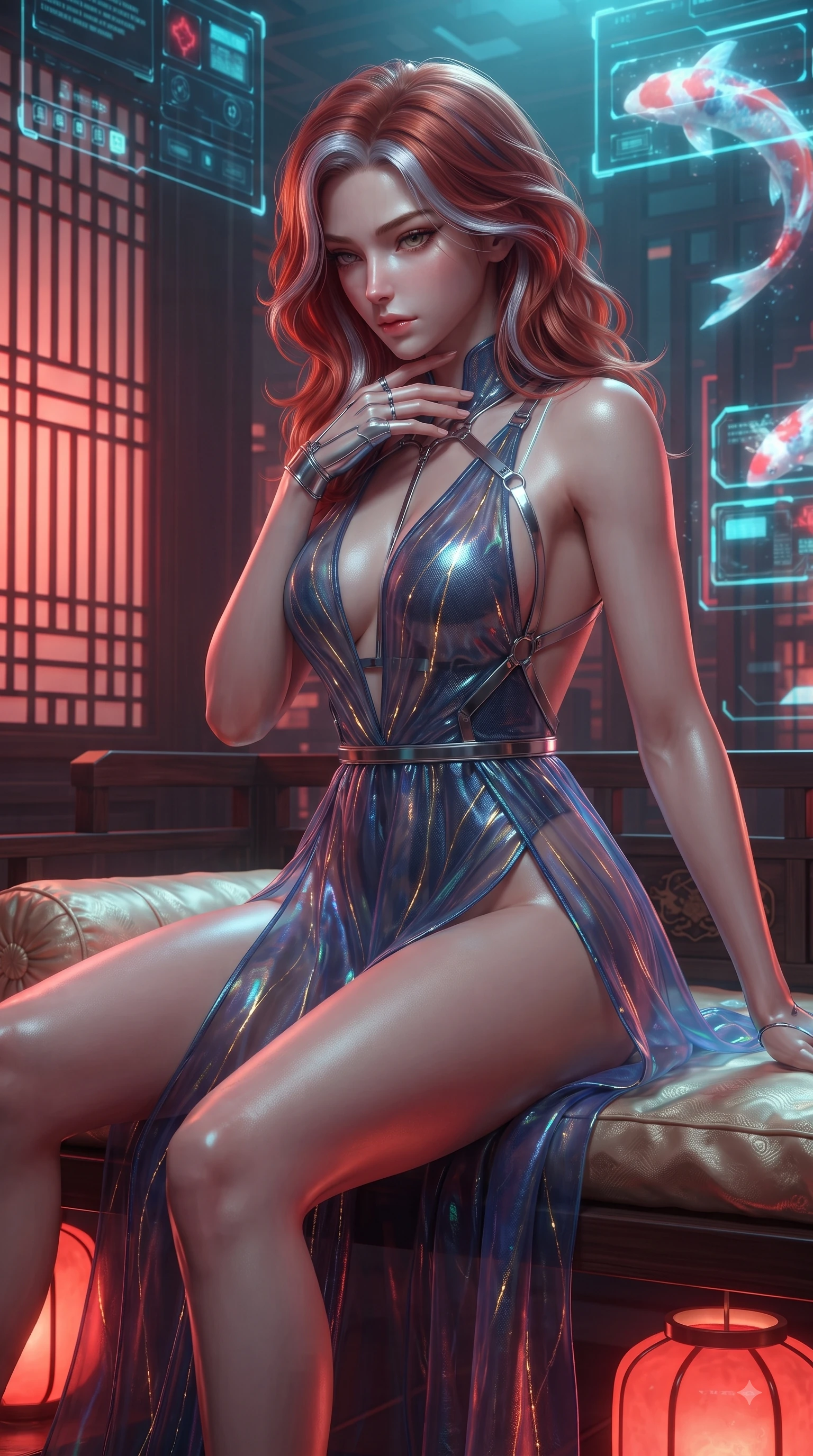 score_9, masterpiece, best quality, ultra-detailed, high-budget anime keyframe, editorial fashion photography, tasteful artistic composition, Caucasian woman. close-up cowboy shot from the waist and thighs up, the character dominates the composition, filling the frame with her large presence. resting her fingers lightly against her throat while looking down with a smoldering, haughty yet intensely captivating glance while resting on a low silk cushion in a cyber-fusion pavilion with an alluring, direct stare. The surrounding environment is rendered in vivid detail and crisp panoramic clarity. fusion of traditional oriental architecture and sleek cyberpunk elements in high resolution. She has an exceptionally elegant, slender, and willowy female figure with an ultra-slim waist, a gracefully sculpted slender torso, and a refined silhouette. sharp v-shaped jawline, high-bridge nose, intricate jewel-like eyes with depth, thick eyelashes, glossy lips with a natural sheen, flawlessly proportioned anatomical accuracy, natural body alignment, perfectly sculpted elegant limbs, clean dynamic posture without body distortion. wearing a translucent iridescent chiffon gown with a plunging neckline, high dual thigh slits, and an open back in midnight sapphire blue and glowing gold filaments, made of liquid metal jersey that clings flawlessly to every contour of her build, reinforced by a sleek metallic chrome harness and delicate glowing micro-straps, the glove-like fit tightly following every curve of her statuesque athletic build. bathed in warm crimson lantern glow and cool cyan holographic koi refractions. ultra-reflective glossy finish, specular highlights, metallic sheen, high-contrast stereoscopic depth, volumetric dynamic lighting, 2k, ultra detail, master piece, 9:16 ratio