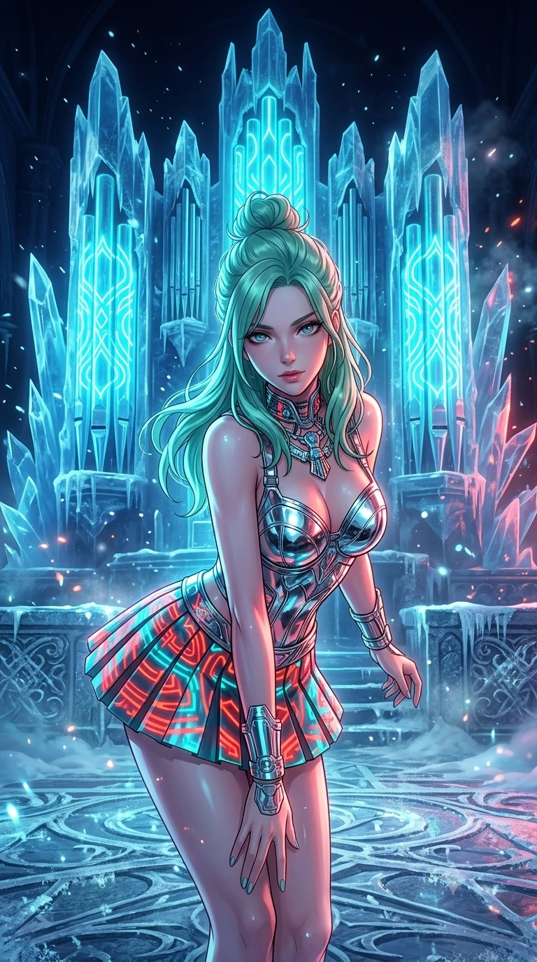 score_9, masterpiece, best quality, ultra-detailed, high-budget anime keyframe, semi-realistic 3D game render, editorial fashion photography, tasteful artistic composition, Japanese woman. close-up cowboy shot from the waist and thighs up, the character dominates the composition, filling the frame with her large presence. leaning forward while arching her lower back to accentuate her curvy hips, looking into the camera with an intoxicating smoldering gaze and bedroom-eyes while standing poised at the center of the frozen cathedral stage beneath monumental ice-crystal pipe organs, arching her lower back with sovereign diva charisma as cyan neon aria lights pulse rhythmically. The background shows a soft-focus towering translucent ice organ pipes glowing with pulsing cyan neon, fluttering silver specular ice crystals, and velvet opera stalls blurred into cyan, silver, and indigo bokeh. She has an exceptionally elegant, slender, and willowy female figure with an ultra-slim waist, flat toned midriff, narrow ribcage, and sculpted feminine hips creating an alluring, slim hourglass silhouette without bulk. sharp v-shaped jawline, high-bridge nose, intricate jewel-like sparkling eyes with depth, thick eyelashes, glossy parted lips with a natural peach sheen, bright cheerful beaming smile with an enchanting and coquettish sensual glint, exuding both youthful cute charm and seductive allure, flawlessly proportioned anatomical accuracy, strict slender model proportions, natural body alignment, perfectly sculpted long slender limbs, ultra-slim waistline, clean dynamic posture without body distortion. wearing a chrome-plated structured underwire bustier top paired with an ultra-short low-rise pleated micro mini skirt in cyber-shinto vermilion and laser turquoise, made of fluid liquid jersey with seamless sculpting hold and smooth contours, complemented by strappy stiletto sandals with metallic ankle wraps accentuating her slender calves, the second-skin tailored fabric adhering flawlessly to her sculpted flat midriff and slender torso, emphasizing her long leg lines and perfectly proportioned willowy build. bathed in high-contrast cyan neon aria pulses contrasted with deep velvety indigo stage shadows. highly saturated vibrant anime colors, detailed shading with soft gradients, rich glossy textures, high-contrast stereoscopic depth, volumetric dynamic lighting, master piece, 9:16 ratio