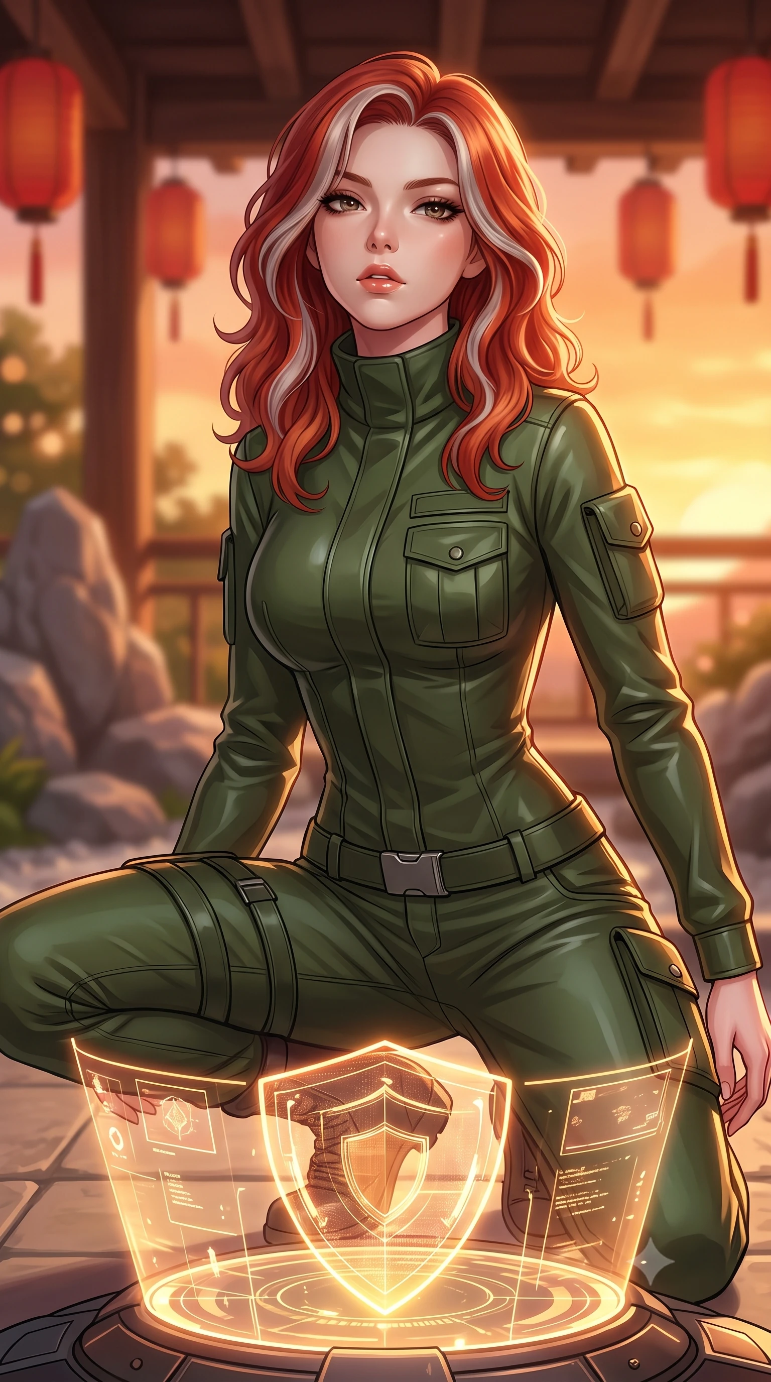 score_9, masterpiece, best quality, ultra-detailed, high-budget anime keyframe, editorial fashion photography, tasteful artistic composition, Caucasian woman. close-up cowboy shot from the waist and thighs up, the character dominates the composition, filling the frame with her large presence, background elements kept in soft focus. crouching slightly behind a glowing holographic shield emitter, looking up with defiance and lips slightly parted, the background shows a soft-focus a rock garden balcony with red lanterns hanging from wooden beams in soft focus. She has an exceptionally elegant, slender, and willowy female figure with an ultra-slim waist, a gracefully sculpted slender torso, and a refined silhouette. sharp v-shaped jawline, high-bridge nose, intricate jewel-like eyes with depth, thick eyelashes, glossy lips with a natural sheen. wearing a body-hugging protective combat pilot jacket in deep olive green, featuring a high collar, utility pockets, and straight-fit trousers. warm sunset light casting a peaceful, cozy orange wash on her figure. highly saturated vibrant anime colors, detailed shading with soft gradients, rich glossy textures, high-contrast stereoscopic depth, volumetric dynamic lighting, master piece, 9:16 ratio
