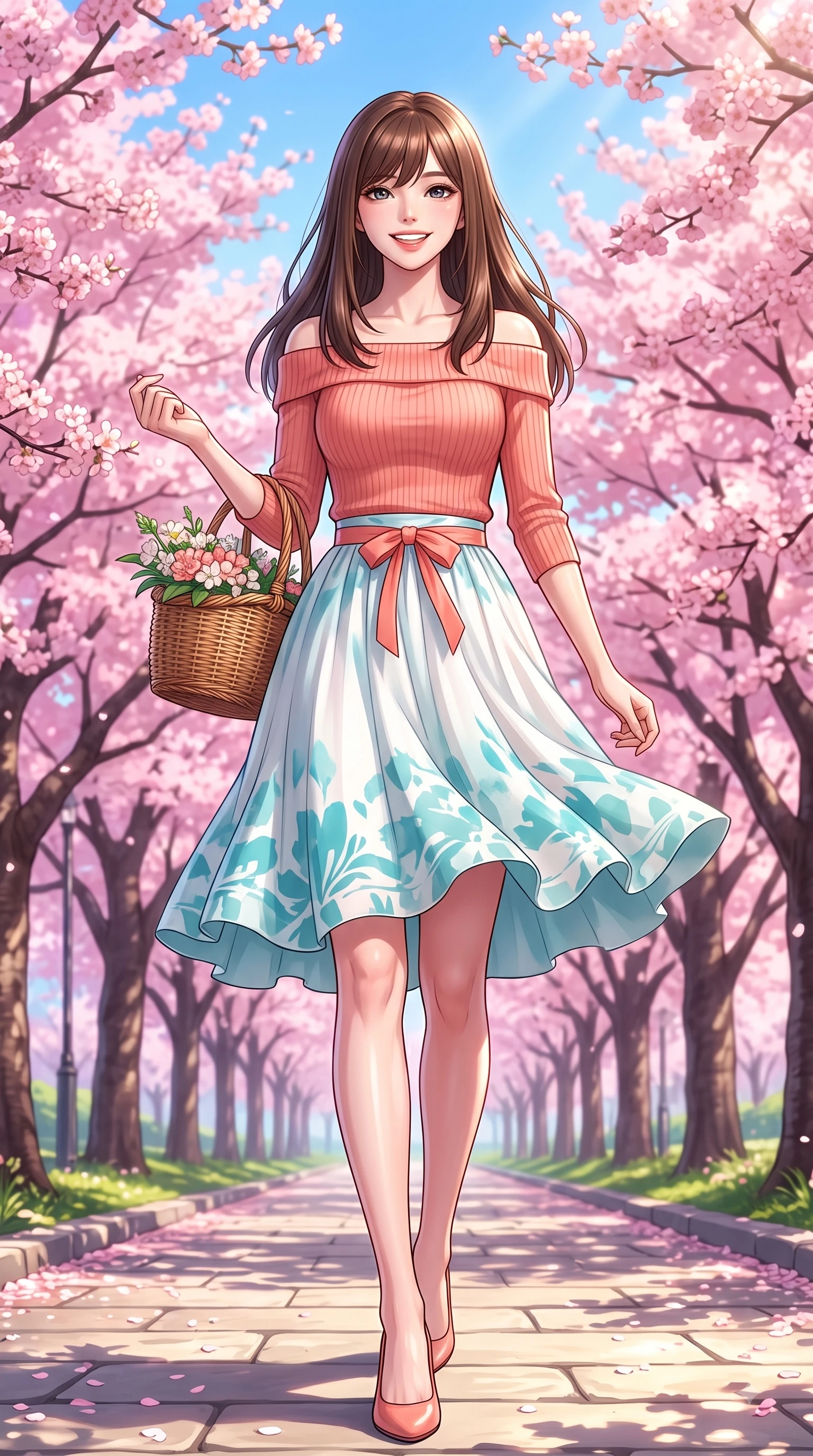 score_9, masterpiece, best quality, ultra-detailed, high-budget anime keyframe, editorial fashion photography, tasteful artistic composition, Korean woman. low angle full-body shot from head to toe showing her feet, filling the entire 9:16 vertical frame with her statuesque presence, stretching her vertical silhouette. walking forward in a proud dynamic stride with a cheerful beaming smile, her vertical silhouette filling the frame while stepping along a sun-drenched park trail carrying a wicker basket with fresh youthful charm. The surrounding environment is rendered in vivid detail and crisp panoramic clarity. endless pink sakura tree arcades, sunlit stone pathways, and clear spring blue sky in deep focus. She has an absolutely perfect, statuesque 8.5-heads proportion, an exceptionally tall and slender model-like female figure with impossibly long slender legs and an ultra-slim waist. sharp v-shaped jawline, high-bridge nose, intricate jewel-like eyes with depth, thick eyelashes, glossy lips with a natural sheen, flawlessly proportioned anatomical accuracy, natural body alignment, perfectly sculpted elegant limbs, clean dynamic posture without body distortion. wearing a soft coral off-shoulder ribbed knit top paired with a flowy white A-line midi skirt in ocean turquoise and sea-salt white, made of fine lightweight chiffon that flutters gently in the breeze, accented with a dainty waist ribbon bow, the soft airy drape swaying gracefully with her dynamic movements. surrounded by a fresh, sweet, and nostalgic spring park atmosphere. highly saturated vibrant anime colors, detailed shading with soft gradients, rich glossy textures, high-contrast stereoscopic depth, volumetric dynamic lighting, master piece, 9:16 ratio