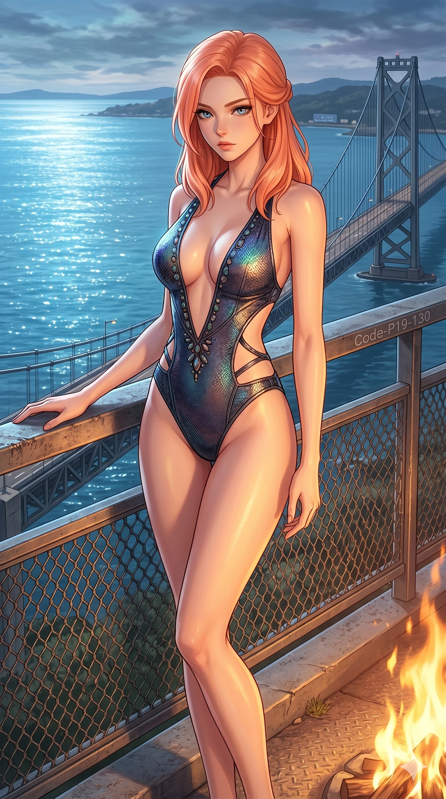 score_9, masterpiece, best quality, ultra-detailed, high-budget anime keyframe, editorial fashion photography, tasteful artistic composition, Japanese woman. cowboy shot from the thighs up, character and outfit filling the frame for maximum editorial presence. leaning against a metal railing, casting a cool, superior gaze on a steel suspension bridge overlooking a sparkling blue bay (Code-P19-130). She has an absolutely perfect 8-heads proportion, an exceptionally tall and slender female figure with impossibly long slender legs and an ultra-slim waist. V-shaped jawline, high-bridge nose, intricate jewel-like eyes with depth, thick eyelashes, glossy lips with a natural sheen. wearing a skin-tight swimsuit with plunging neck and side cutouts. warm bonfire light casting dancing shadows and a soft golden glow over her features. 2k, ultra detail, master piece, 9:16 ratio