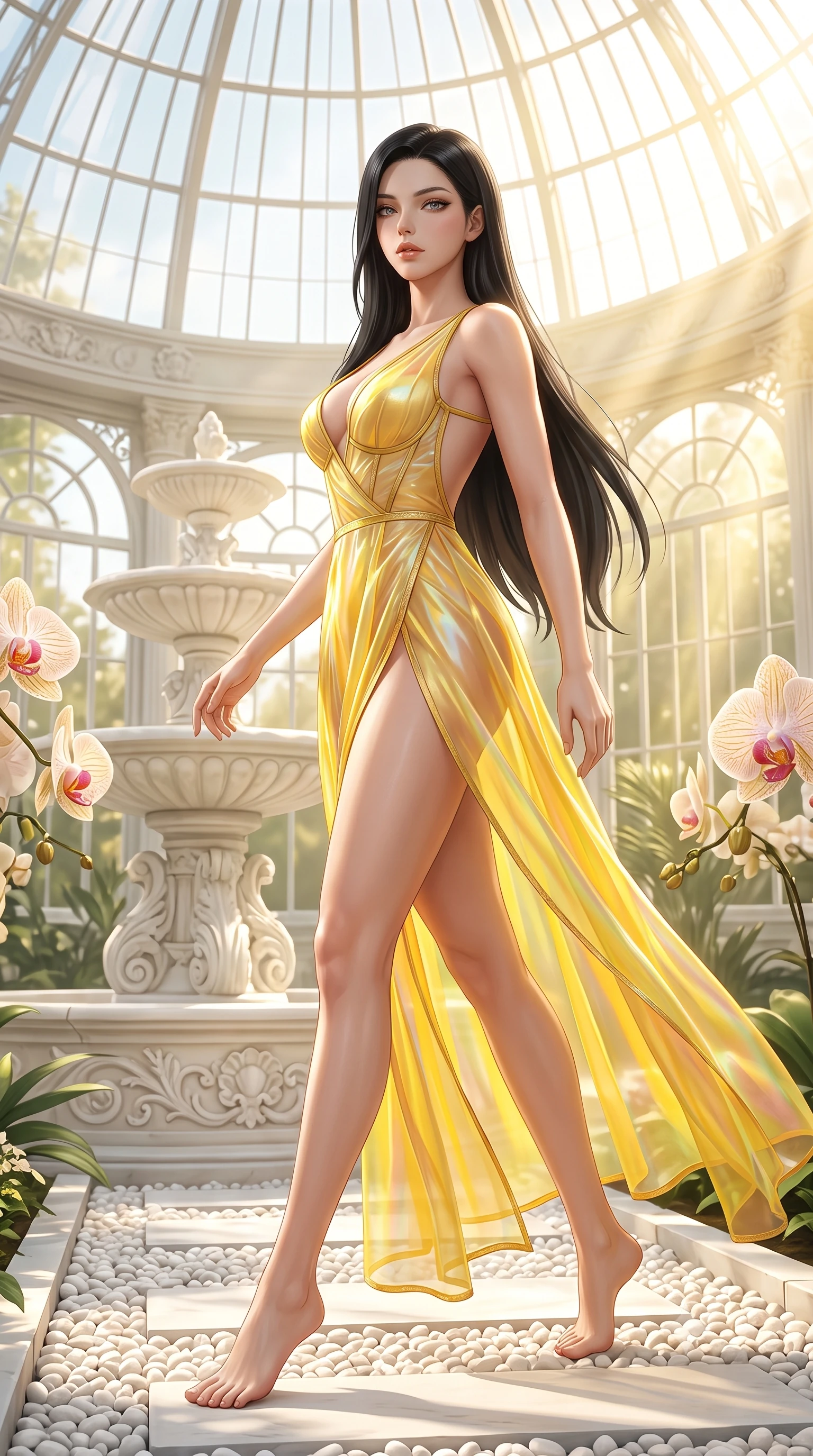 score_9, masterpiece, best quality, ultra-detailed, high-budget anime keyframe, semi-realistic 3D game render, editorial fashion photography, tasteful artistic composition, Korean woman. low angle full-body shot from head to toe showing her feet, filling the entire 9:16 vertical frame with her statuesque presence, stretching her vertical silhouette. pivoting dynamically in mid-motion with a breathtakingly alluring posture, displaying her flawless model proportions and ultra-slim waist while stepping gracefully along a white pebble pathway with a magnetic, seductive backward glance into the lens. The surrounding environment is rendered in vivid detail and crisp panoramic clarity. intricate white alabaster fountain carvings, delicate orchid petal veins, and glass dome lattices in deep focus. She has an absolutely perfect, statuesque 8.5-heads proportion, an exceptionally tall and slender model-like female figure with impossibly long slender legs, a toned flat midriff, and an ultra-slim waist. sharp v-shaped jawline, high-bridge nose, intricate jewel-like eyes with depth, thick eyelashes, glossy lips with a natural sheen, flawlessly proportioned anatomical accuracy, strict slender model proportions, natural body alignment, perfectly sculpted long slender limbs, ultra-slim waistline, clean dynamic posture without body distortion. wearing a translucent iridescent organza wrap dress with structured bustier boning, plunging neckline, and high-cut dual leg slits in vibrant sunburst canary yellow and gold trim, made of liquid metal jersey that clings flawlessly to every contour of her build, complemented by criss-cross back straps highlighting her completely bare spine, the glove-like aerodynamic second-skin fit tightly clinging to her ultra-slender waist and athletic curves without adding bulk, accentuating her razor-sharp statuesque lines and slim hourglass silhouette. bathed in intense volumetric golden sunbeams streaming through grand glass dome panes. highly saturated vibrant anime colors, detailed shading with soft gradients, rich glossy textures, high-contrast stereoscopic depth, volumetric dynamic lighting, master piece, 9:16 ratio