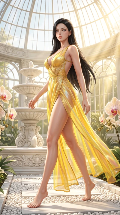 score_9, masterpiece, best quality, ultra-detailed, high-budget anime keyframe, semi-realistic 3D game render, editorial fashion photography, tasteful artistic composition, Korean woman. low angle full-body shot from head to toe showing her feet, fil
