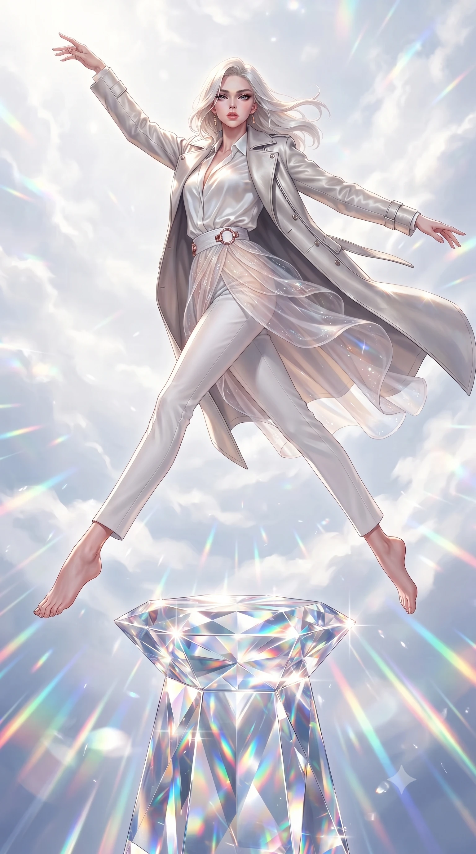 score_9, masterpiece, best quality, ultra-detailed, high-budget anime keyframe, editorial fashion photography, tasteful artistic composition, Caucasian woman. low angle full-body shot from head to toe showing her feet, filling the entire 9:16 vertical frame with her statuesque presence, stretching her vertical silhouette. leaping dynamically through the luminous sky, her posture full of power and elegance, poised on a crystalline pedestal reflecting infinite rainbow light trails, high-contrast specular highlights dancing on crystal facet edges. She has an absolutely perfect, statuesque 8.5-heads proportion, an exceptionally tall and slender model-like female figure with impossibly long slender legs and an ultra-slim waist. sharp v-shaped jawline, high-bridge nose, intricate jewel-like eyes with depth, thick eyelashes, glossy lips with a natural sheen. wearing structured platinum leather long coat over white silk blouse and tailored slacks in pearl white, made of sheer opal chiffon overlay, trimmed with rose-gold ring hardware along the waist contours, contouring every curve with an exceptionally elegant silhouette. bathed in intense specular highlights against bright white glass reflections. highly saturated vibrant anime colors, detailed shading with soft gradients, rich glossy textures, high-contrast stereoscopic depth, volumetric dynamic lighting, master piece, 9:16 ratio