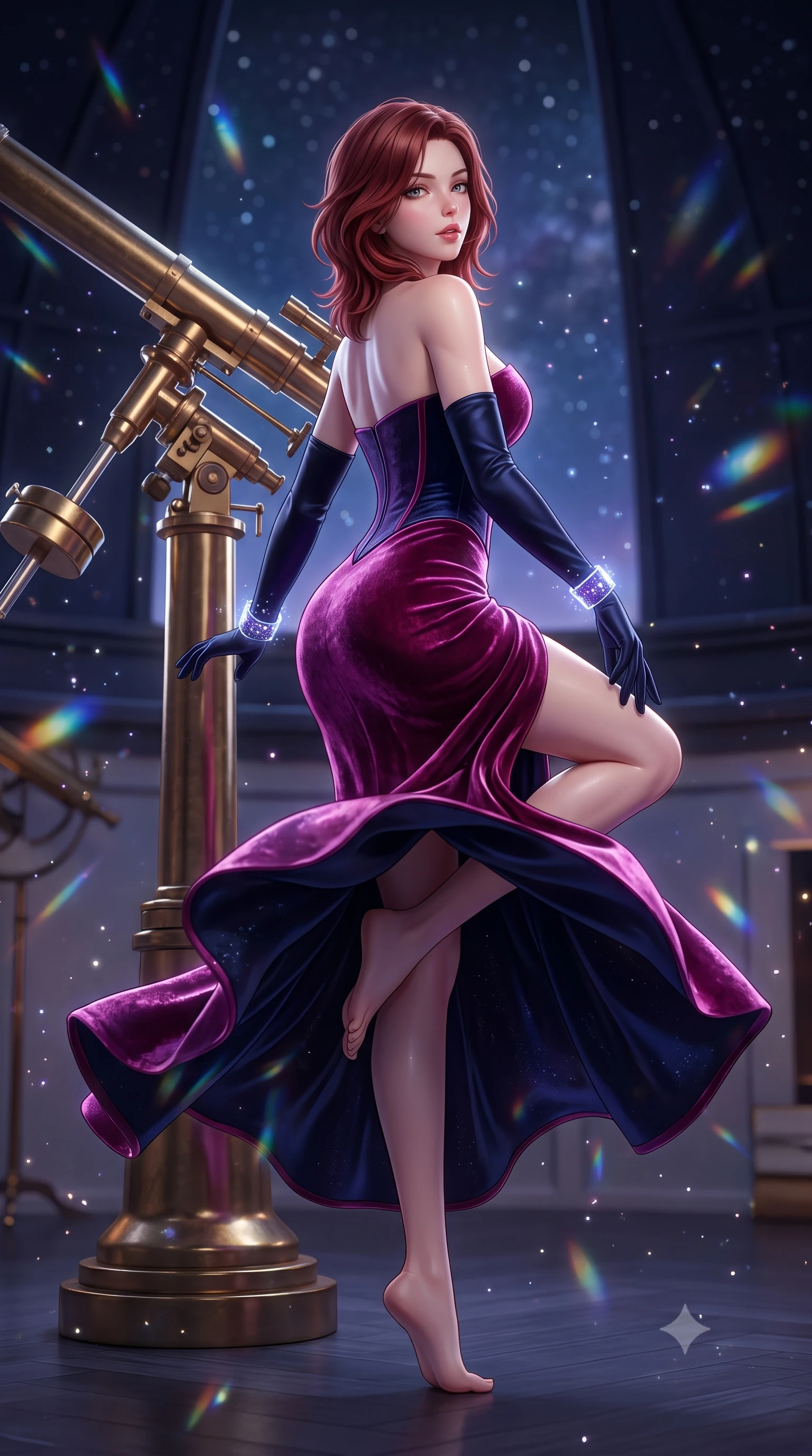 score_9, masterpiece, best quality, ultra-detailed, high-budget anime keyframe, semi-realistic 3D game render, editorial fashion photography, tasteful artistic composition, Korean woman. low angle full-body shot from head to toe showing her feet, filling the entire 9:16 vertical frame with her statuesque presence, stretching her vertical silhouette. executing an elegant mid-motion pivot turn as garments swirl around her slender limbs, glancing over her shoulder with an intoxicating bedroom-gaze while crouching gracefully beside the brass telescope mount, looking back with parted glossy lips as galactic starlight washes over her curves. The composition keeps background elements in soft focus with creamy bokeh. floating stardust flecks and prismatic telescope lens refractions scattering ethereal light motes. She has an absolutely perfect, statuesque 8.5-heads proportion, an exceptionally tall and slender model-like female figure with impossibly long slender legs, a toned flat midriff, an ultra-slim waist, and beautifully sculpted feminine hips. sharp v-shaped jawline, high-bridge nose, intricate jewel-like eyes with depth, thick eyelashes, glossy parted lips with a natural sheen, intensely captivating and seductive bedroom-eyes expression, flawlessly proportioned anatomical accuracy, strict slender model proportions, natural body alignment, perfectly sculpted long slender limbs, ultra-slim waistline, clean dynamic posture without body distortion. wearing a sculptured deep-space corset gown with an exposed clavicle neckline and sweetheart bustier in cosmic magenta and dark space navy, crafted from heavyweight crushed silk velvet with liquid frost luster, complemented by opera-length midnight satin gloves and glowing stardust cuffs, the form-contouring material adhering flawlessly to her sculpted flat midriff and slender torso, emphasizing her long leg lines and perfectly proportioned willowy build. illuminated by starlight edge lights carving her slender waist, bare collarbones, and feminine hip line. highly saturated vibrant anime colors, detailed shading with soft gradients, rich glossy textures, high-contrast stereoscopic depth, volumetric dynamic lighting, master piece, 9:16 ratio