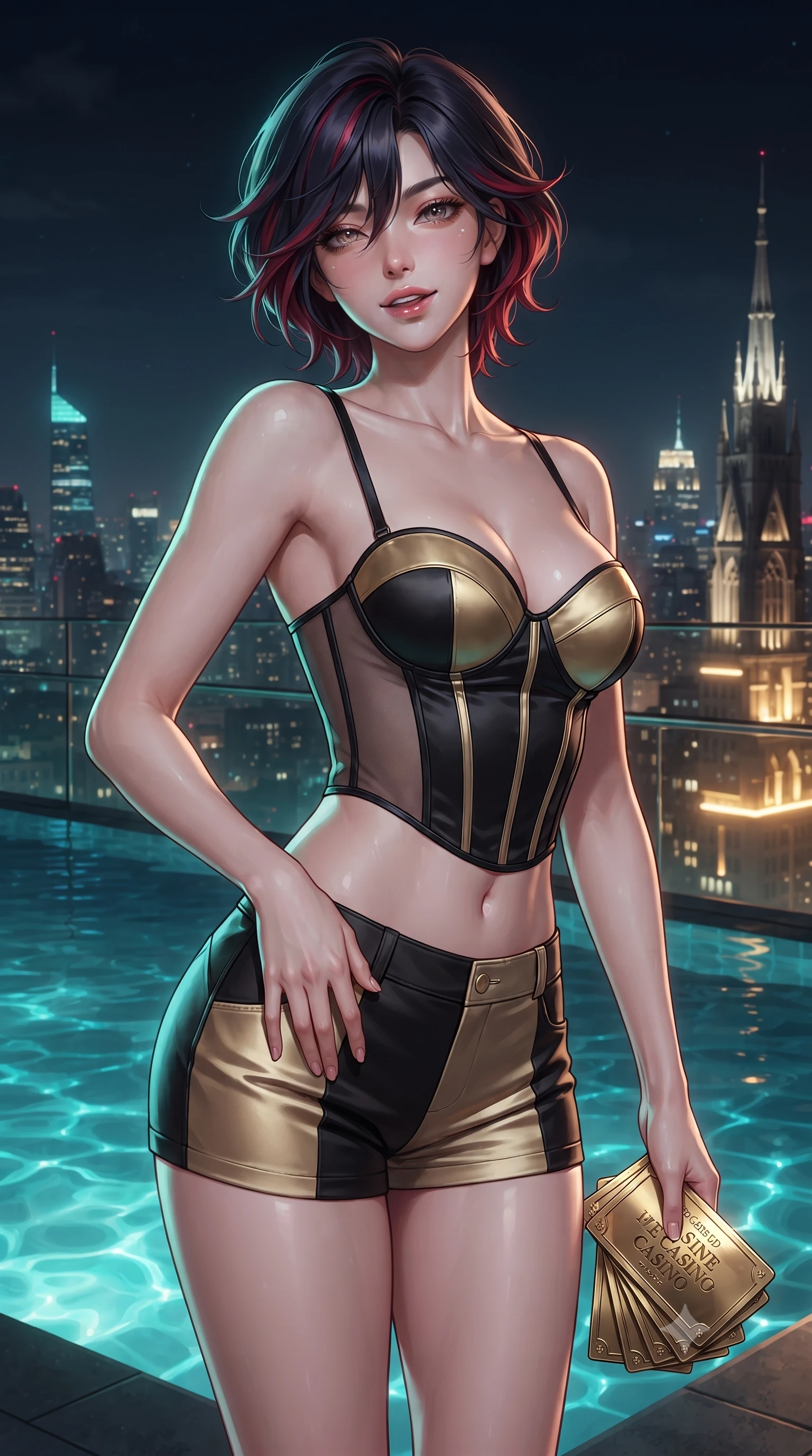 score_9, masterpiece, best quality, ultra-detailed, high-budget anime keyframe, editorial fashion photography, tasteful artistic composition, Korean woman. close-up cowboy shot from the waist and thighs up, the character dominates the composition, filling the frame with her large presence. tilting her head with a teasing half-smile, running one hand slowly down the side of her hip in a flirtatious S-curve as ambient light caresses her silhouette while twisting her slender torso in an alluring S-curve, turquoise pool caustics and golden neon city reflections dancing across her curves. The surrounding environment is rendered in vivid detail and crisp panoramic clarity: sharp glass infinity edge rim reflections, pool water ripple clarity, and distant architectural spire details in deep focus. She has an exceptionally elegant, slender, and willowy female figure with an ultra-slim waist, flat toned midriff, narrow ribcage, and sculpted feminine hips creating an alluring, slim hourglass silhouette without bulk. sharp v-shaped jawline, high-bridge nose, sparkling eyes with hypnotic seductive depth, thick curled eyelashes, glossy parted lips with a natural dewy peach sheen, alluring bedroom-eyes with an enchanting coquettish smile, exuding magnetic siren charisma and sophisticated glamour, flawlessly proportioned anatomical accuracy, strict slender model proportions, natural body alignment, perfectly sculpted long slender limbs, ultra-slim waistline, clean dynamic posture without body distortion. wearing a structured boned satin corset bodice with sheer illusion side panels paired with low-waisted tailored micro-shorts in dual-tone high-contrast gold-and-black monochrome, made of semi-opaque stretch illusion mesh with soft shadowy contours, accented with a stack of engraved gold casino plaques held loosely in one hand, the second-skin tailored fabric adhering flawlessly to her sculpted flat midriff and slender torso, emphasizing her long leg lines and perfectly proportioned willowy build. bathed in luminous turquoise pool illumination paired with opulent golden exterior facade floodlights. ultra-reflective glossy finish, specular highlights, rich textural contrasts, high-contrast stereoscopic depth, volumetric dynamic lighting, 2k, ultra detail, master piece, 9:16 ratio