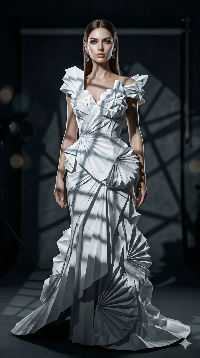 score_9, masterpiece, best quality, ultra-detailed, semi-realistic high-budget 3D game render, an incredibly beautiful Caucasian woman (strictly human ears). Full-body shot stretching the vertical silhouette, dominating the 9:16 frame. She is a muse in an origami-themed fashion shoot. Her figure boasts an absolutely perfect 8-heads proportion, an exceptionally tall and slender build emphasizing a delicate skinny aesthetic. Her face is a highly detailed masterpiece featuring a sharp v-shaped jawline, high-bridge nose, intricate jewel-like eyes, thick eyelashes, and glossy lips. She is wearing a sculptural dress made of intricately folded white paper. A dark studio with geometric light patterns projected onto her, cinematic shadows., 2k, ultra detail, master piece, 9:16 ratio