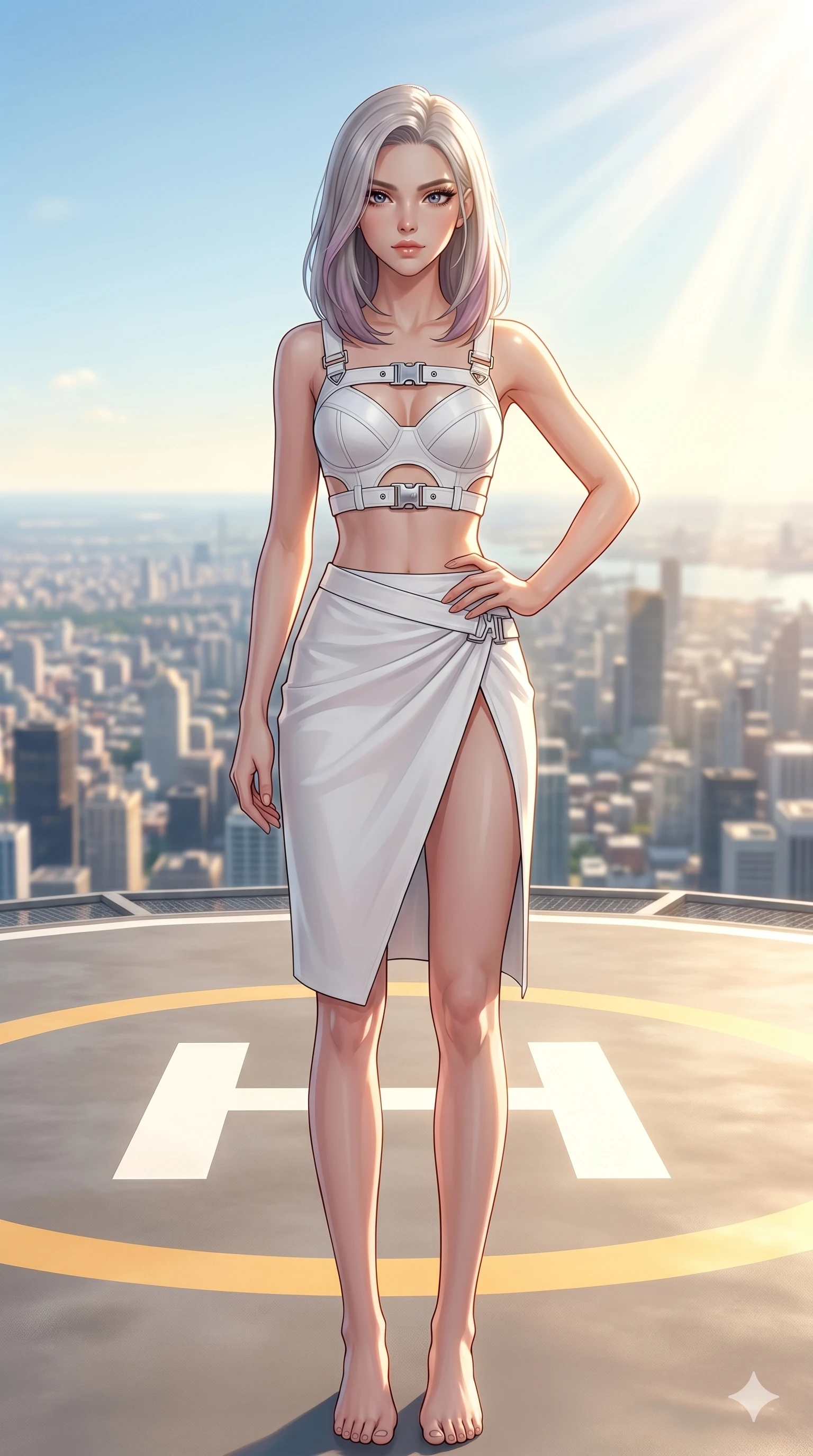 score_9, masterpiece, best quality, ultra-detailed, high-budget anime keyframe, editorial fashion photography, tasteful artistic composition, Caucasian woman, strictly human ears. cowboy shot from the thighs up, character and outfit filling the frame for maximum editorial presence. posing with bright, confident self-assurance, one hand on her hip standing on a rooftop helipad of a luxury hotel overlooking the city. She has an absolutely perfect 8-heads proportion, an exceptionally tall and slender female figure with impossibly long slender legs and an ultra-slim waist. V-shaped jawline, high-bridge nose, intricate jewel-like eyes with depth, thick eyelashes, glossy lips with a natural sheen. wearing a structured white crop top with chrome hardware and high-slit wrap skirt. drenched in brilliant midday sunshine casting sharp, warm rays on her figure. 2k, ultra detail, master piece, 9:16 ratio